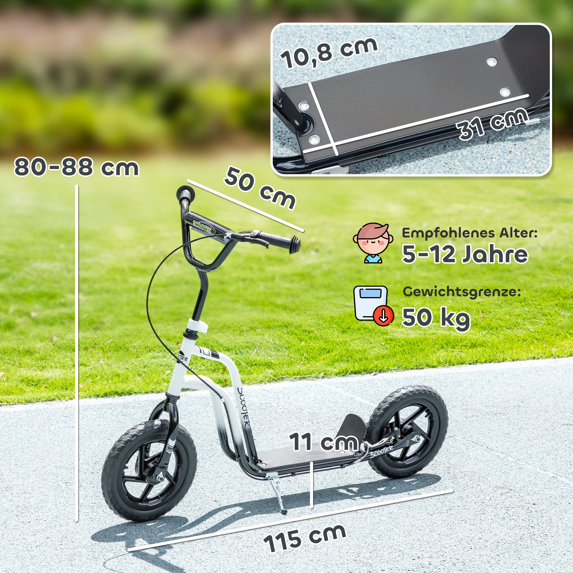 AIYAPLAY Cityroller Kinderroller Scooter mit verstellbarem Lenker und großen Rädern, (Kinderroller, 1 tlg., Tretroller), für Kinder im Alter von 5-12 Jahren, Weiß
