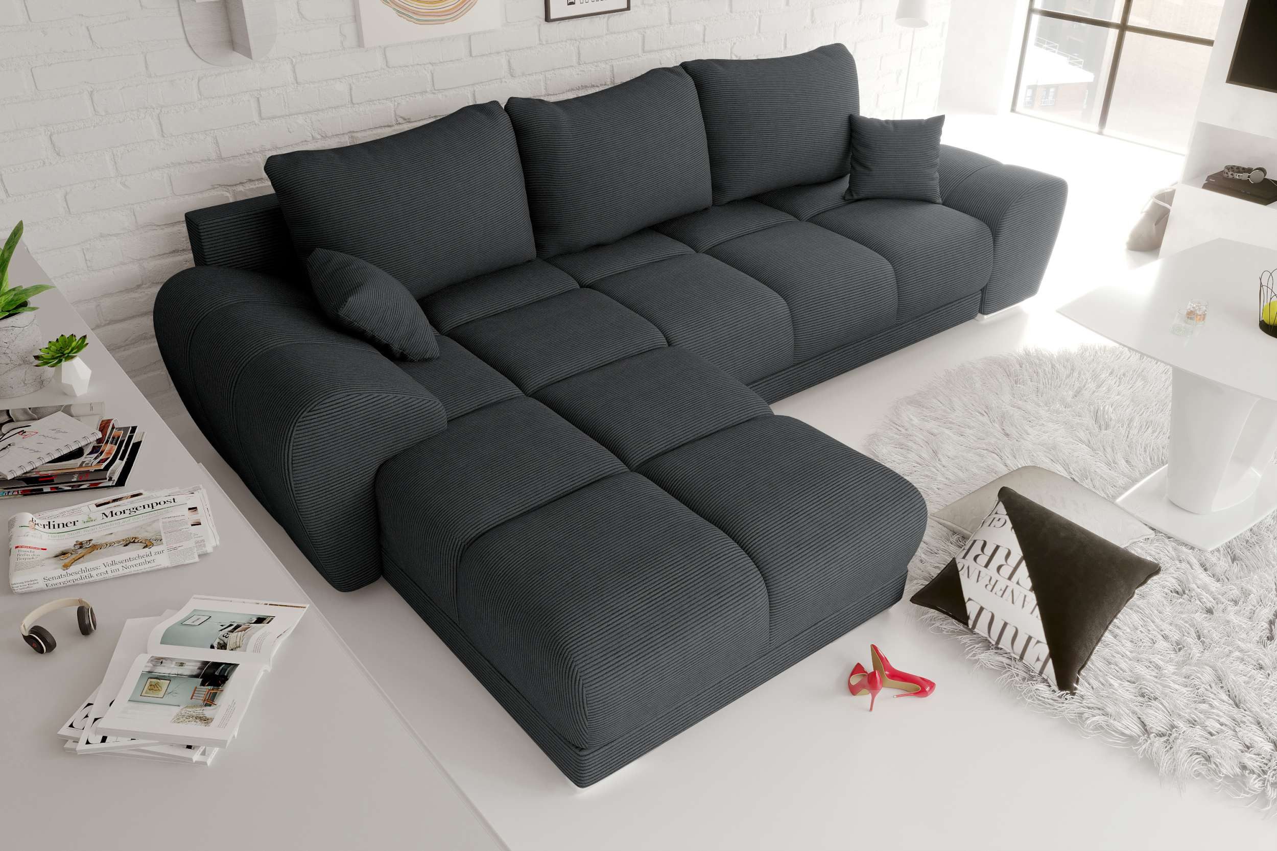 99rooms Ecksofa Antalya, Sofa L-Form, Eckcouch, mit Rückenkissen, Schlaffunktion, Cordstoff POSO