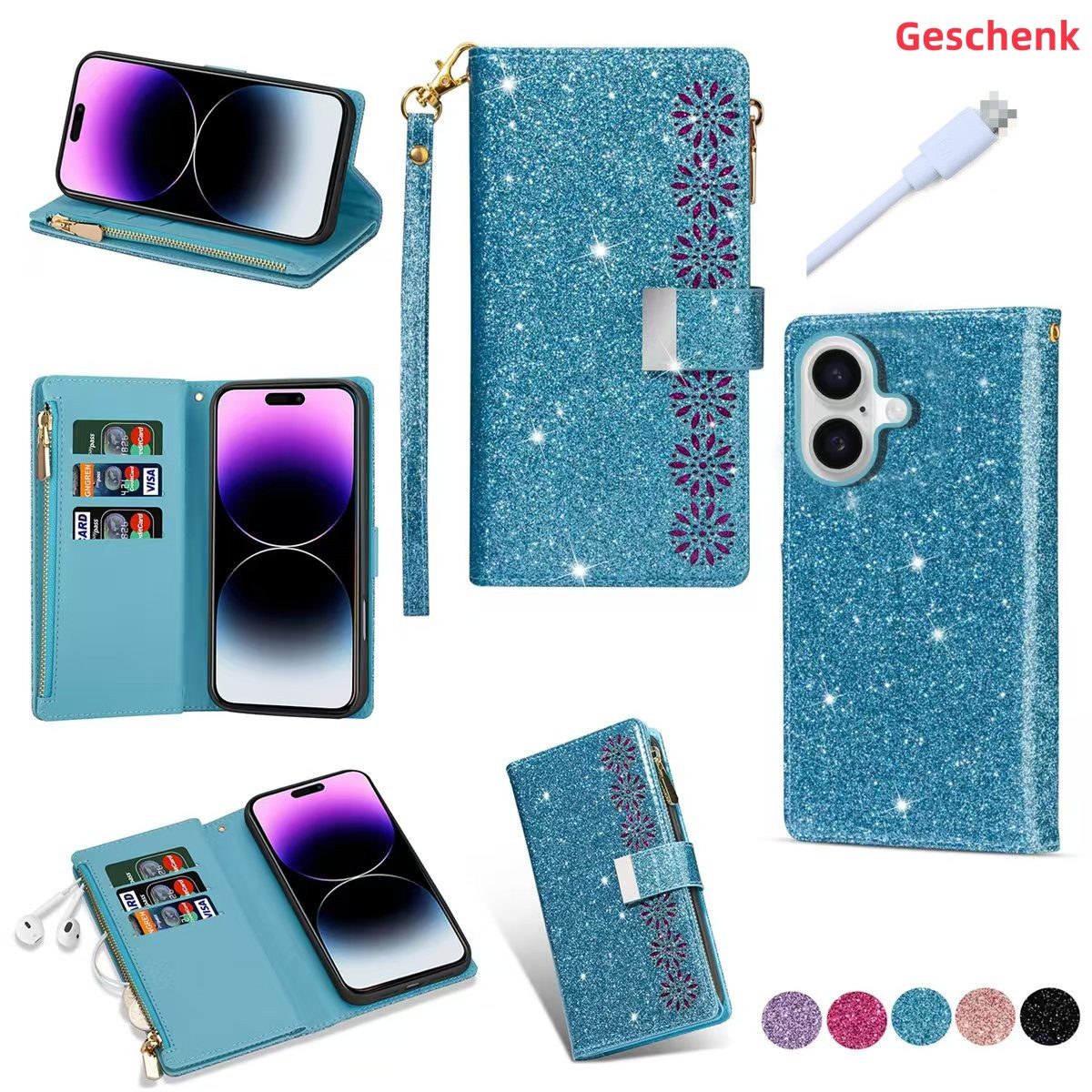 trends for living Handyhülle Glitzer Hülle Tasche für iPhone 14 15 16 Pro Max Klapp Case Cover Seil