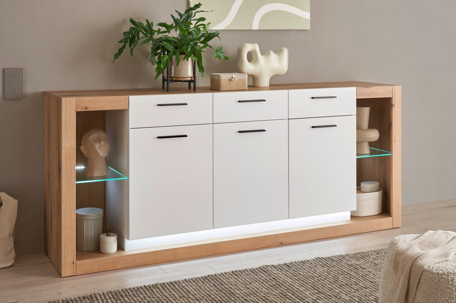 Furn.Design Sideboard Rivian (große Anrichte in Eiche Dekor und weiß matt, 198 x 83 cm), 3 Schubladen, 10 Fächer