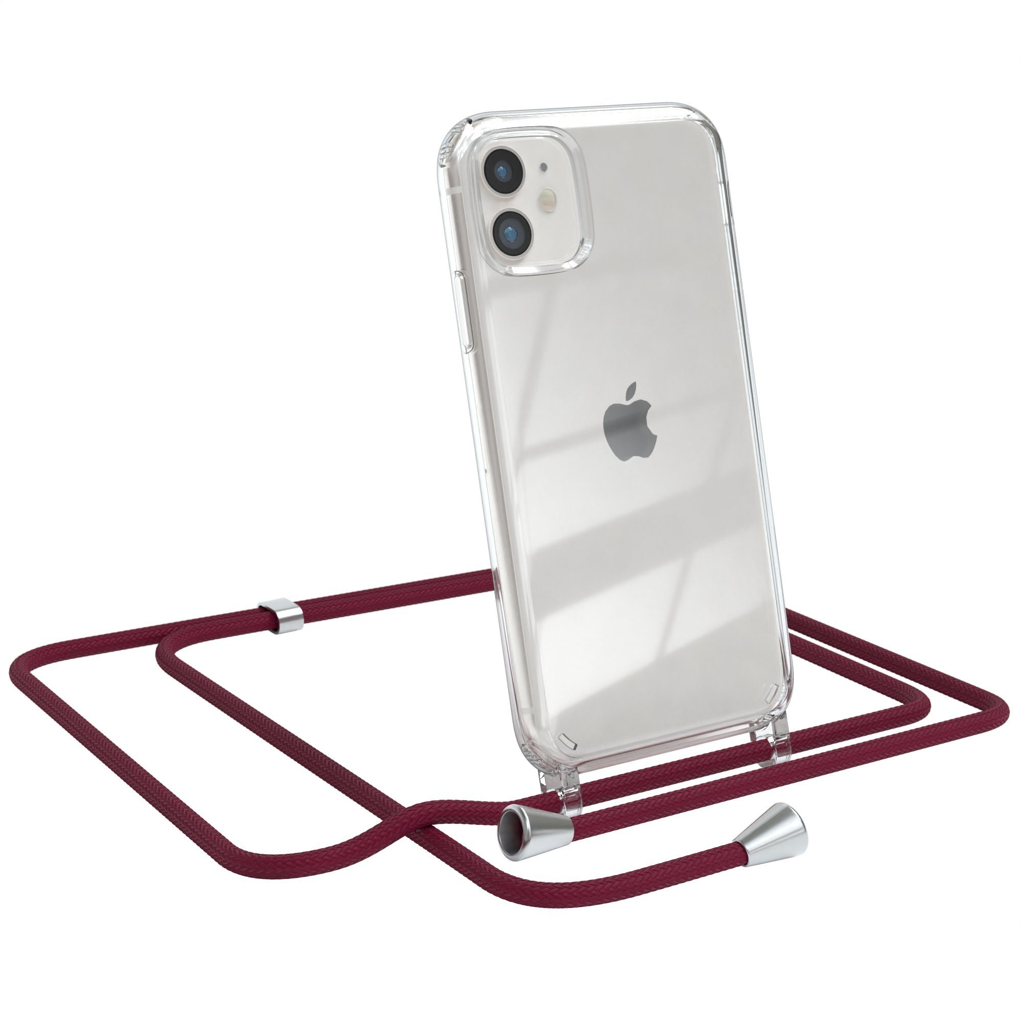 EAZY CASE Handykette Hülle mit Kette für Apple iPhone 11 6,1 Zoll, Silikonhülle durchsichtig mit Umhängeband Handytasche Bordeaux Rot