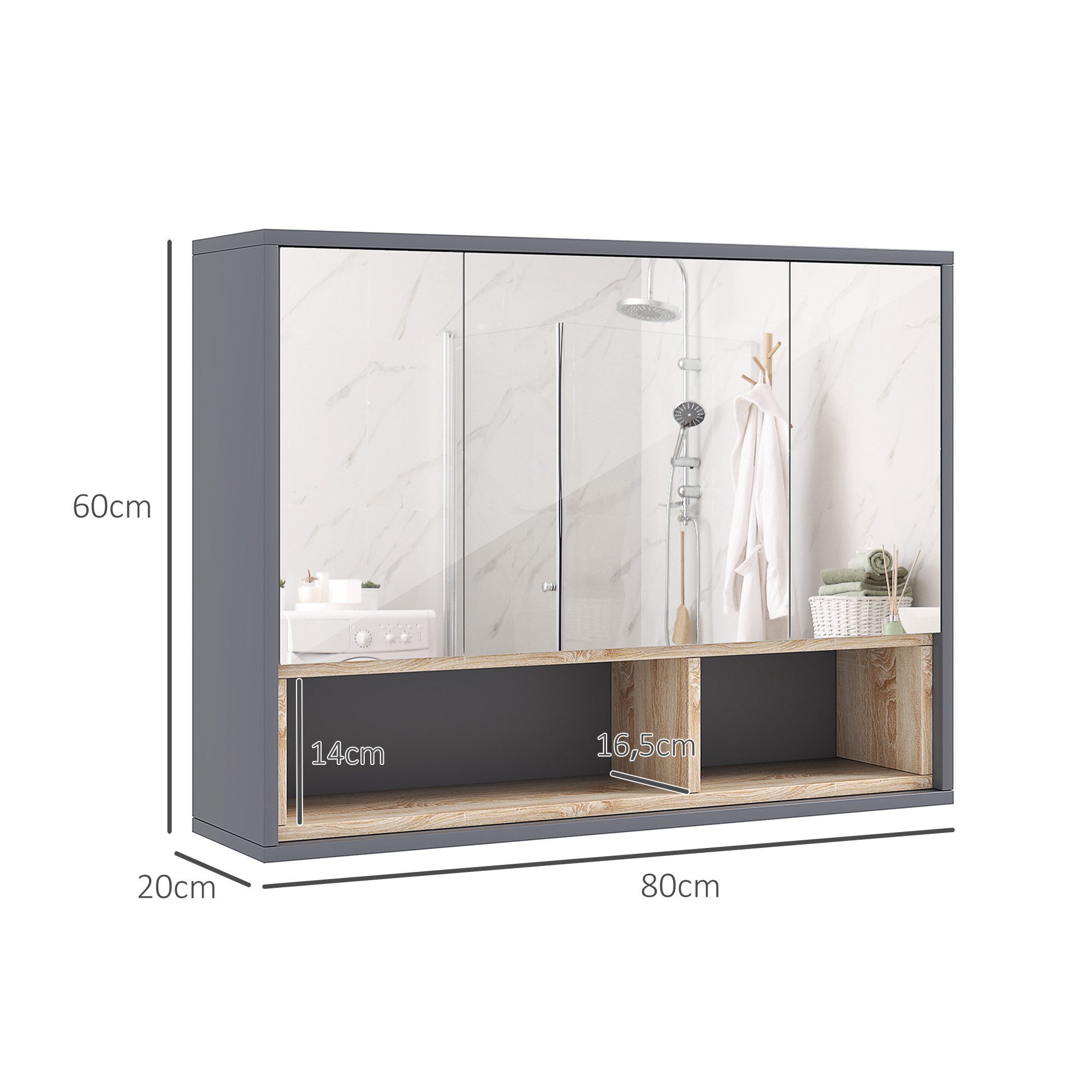 BAYMATE Spiegelschrank Badezimmerschrank mit Spiegel, wandhängender WC-Schrank (mit 3 Türen und 8 Fächern, grau) – Bild 5 von 5