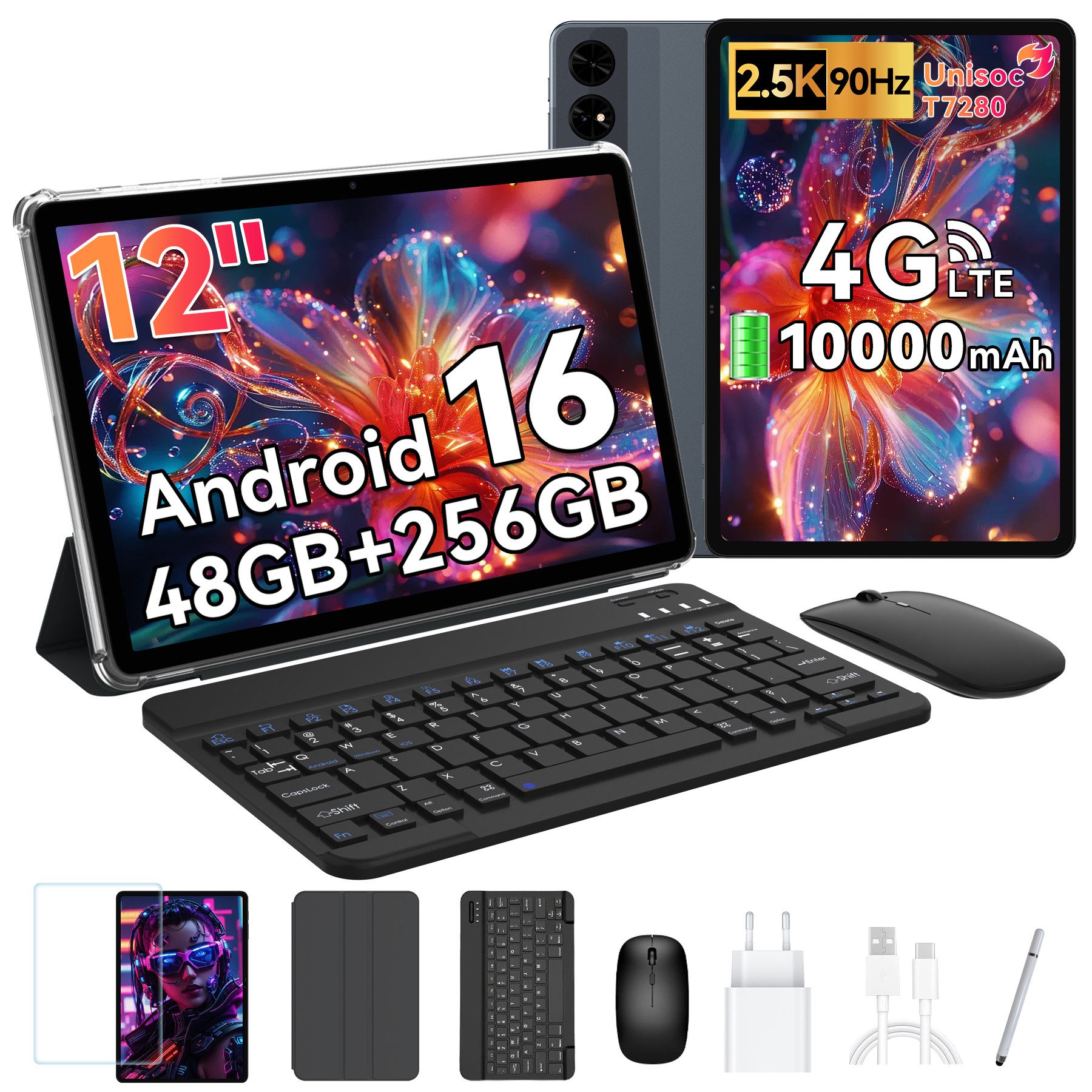BESTTAB T60 12,2" Android 16 5GWIFI 4G LTE Tastatur/Maus/Hülle Tablet Tablet (12.2", 256 GB, Andriod 16, Android 16,4G LTE,10000 mAh,KI-Unterstützung, mit Zubehör)