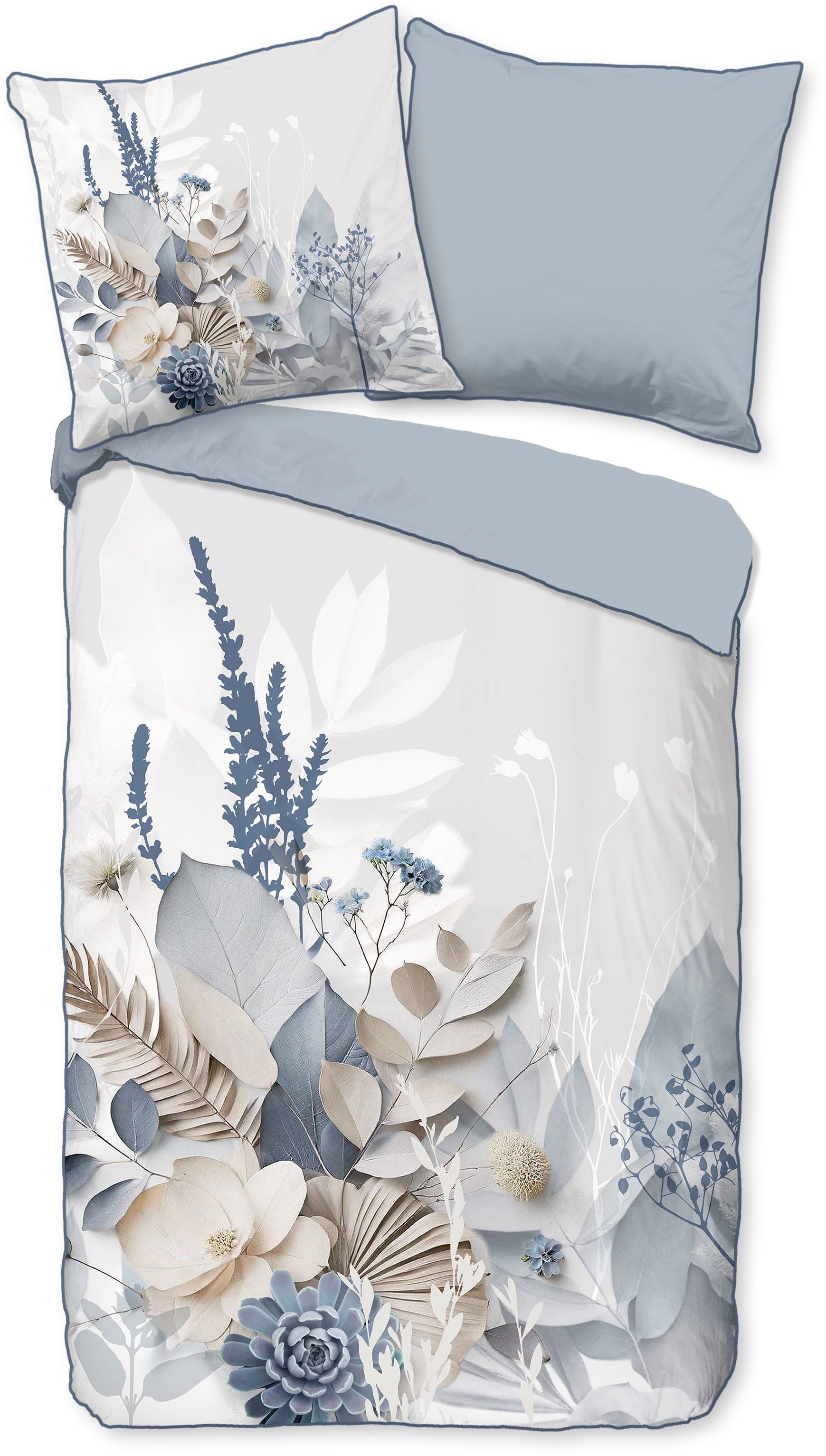 Descanso Wendebettwäsche Junte, Mako-Satin, Renforcé, Satin, 2 teilig, Satin, Reißverschluss, Paspel, Biese, Wendeoptik, Luxe, Blätter, Grau