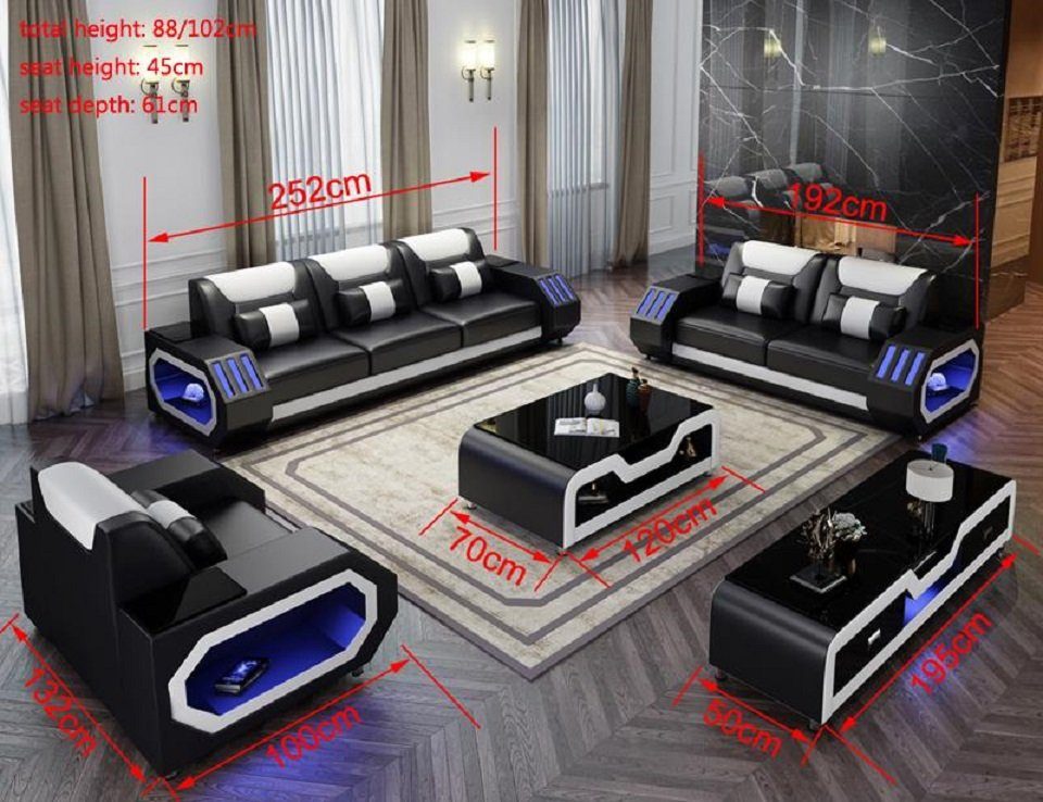 Sofa 3+1+1 Schwarz/Weiß in Designer Couchen Couch Sofa Beleuchtete Neu, Europe JVmoebel Garnitur Made Ledersofa