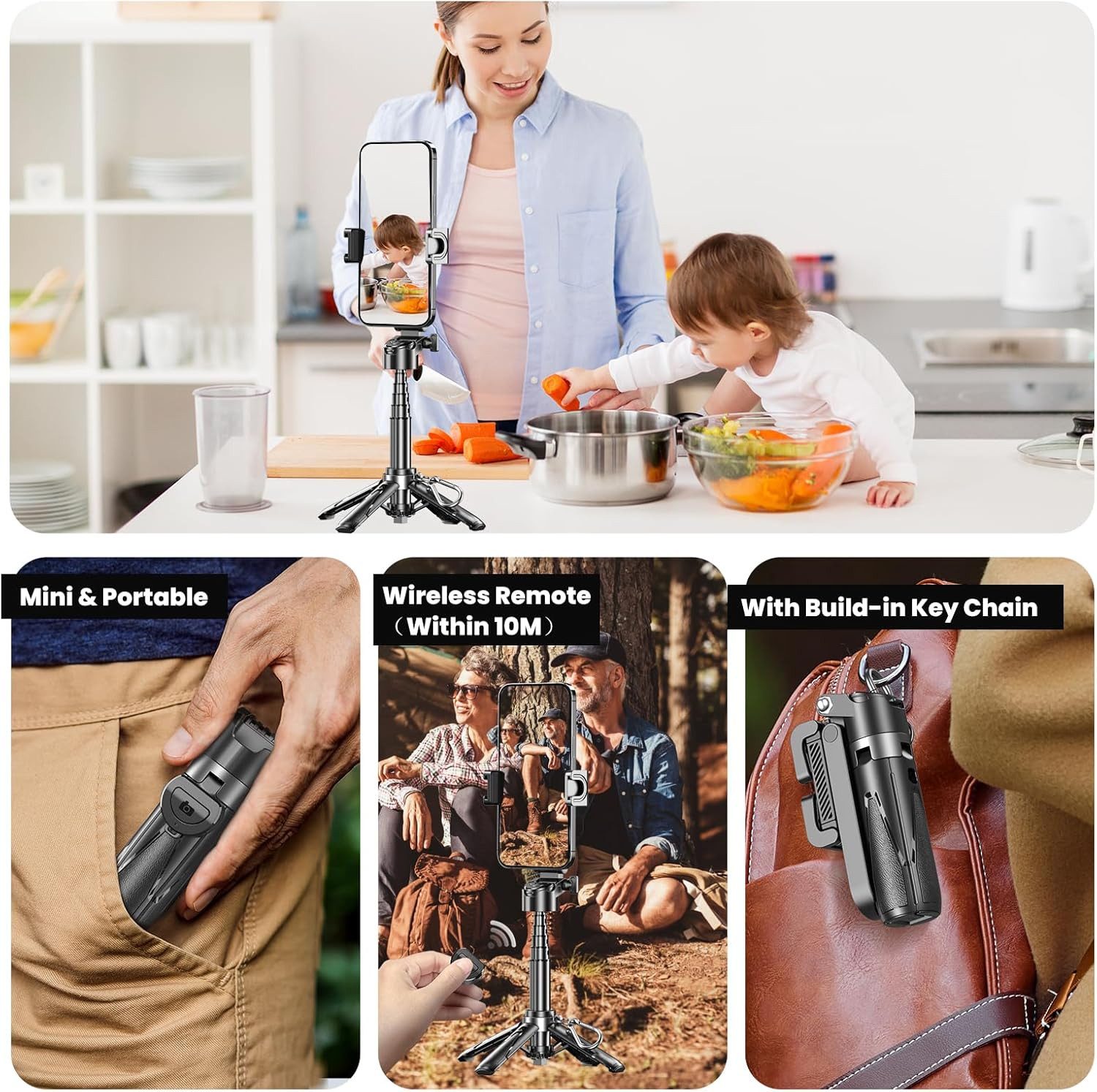 Toomoke Selfie-Stick Handyhalter,3 in 1 Bluetooth Selfie-Stick,Wiederaufladbar,Tragbar, Klappbar,360° drehbar, höhenverstellbar,Bluetooth Fernbedienung
