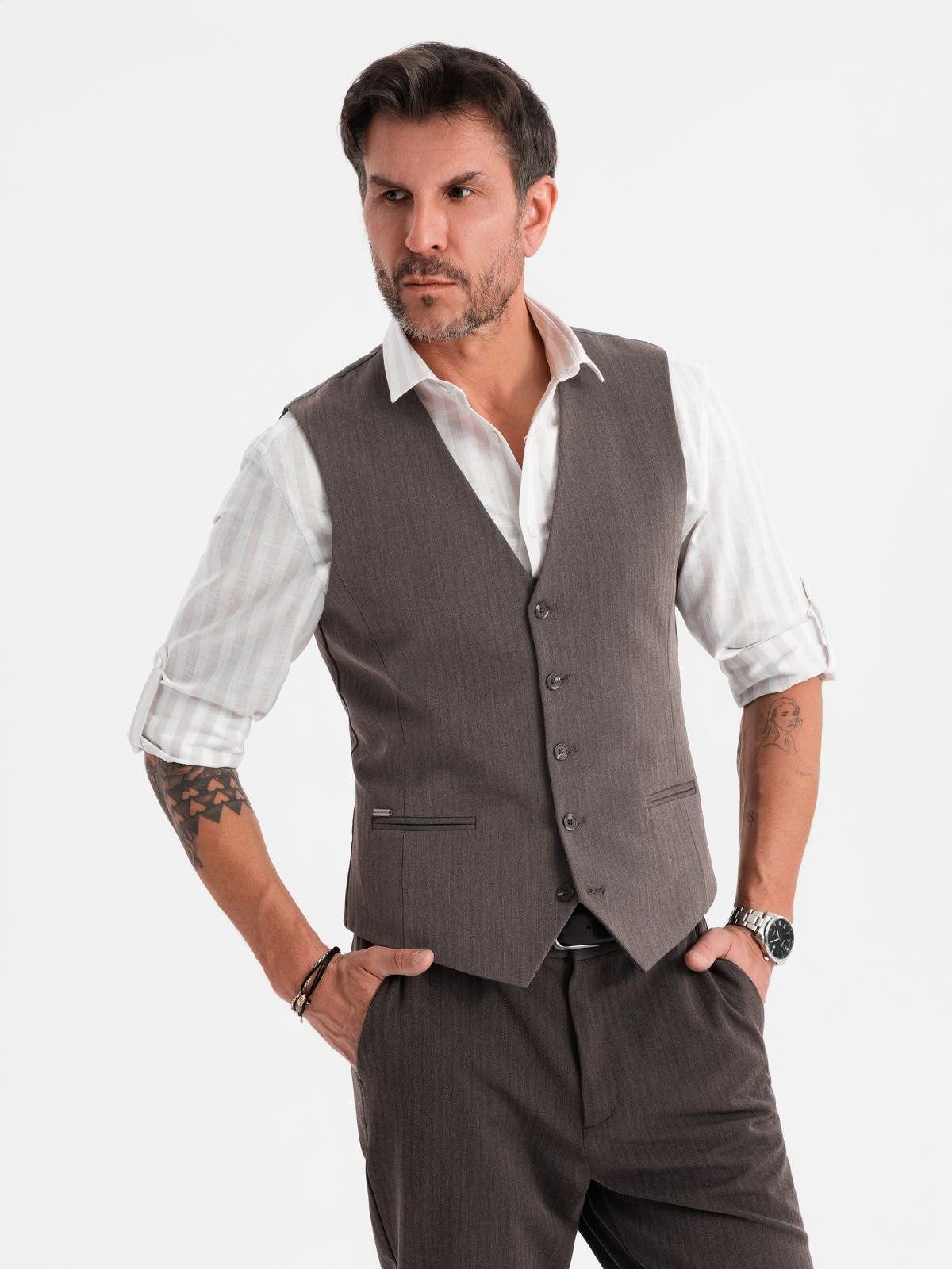 OMBRE Anzugweste Elegante Herren-Weste mit Fischgrätmuster SLIM FIT