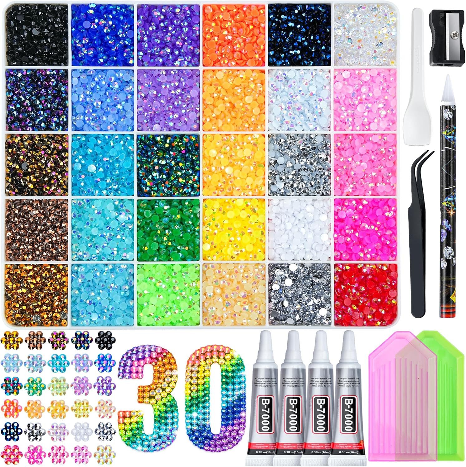 Zaewry Kreativset Jelly Strasssteine,Kit with Glue and Pen,Glitzersteine Bedazzling Kit, (30-tlg), für Nailart Gesichtsbemalung Kostüme und Andere DIY-Kreatione