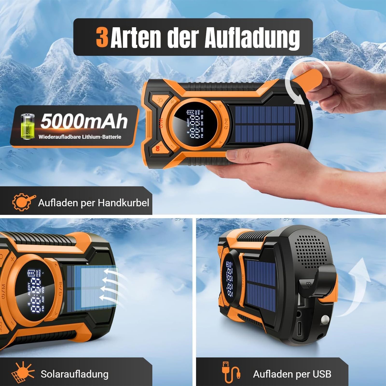 Tekoo Kurbelradio Solar Notfallradio 5000mAh Powerbank mit LED Taschenlampe Notfallradio (FM, AM, Sendersuchlauf, 3 Lademethoden (Solar, Kurbel, USB), IPX5 Wasserfest, Bluetooth 5.3)