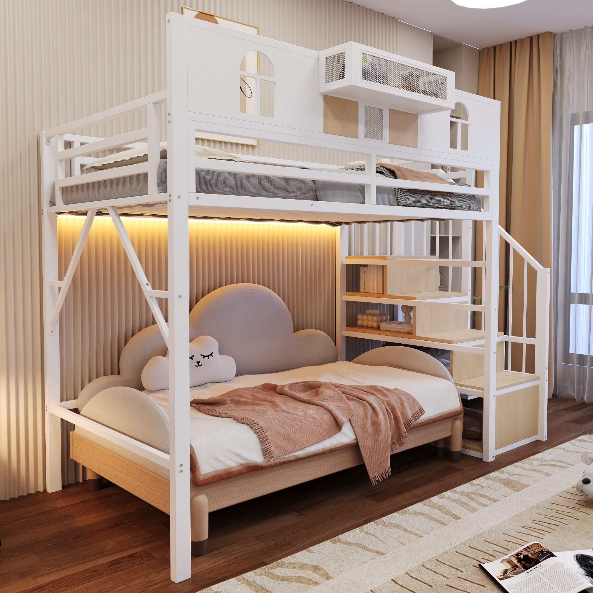 Ulife Hochbett 90 x 200 cm, Mit Stauraumleiter und Lichtleiste, Ablagefach, Fenster (3-St) Holzplatten und Metallgitterelementen, Erhöhte Umzäunung, Weiß – Bild 3 von 5