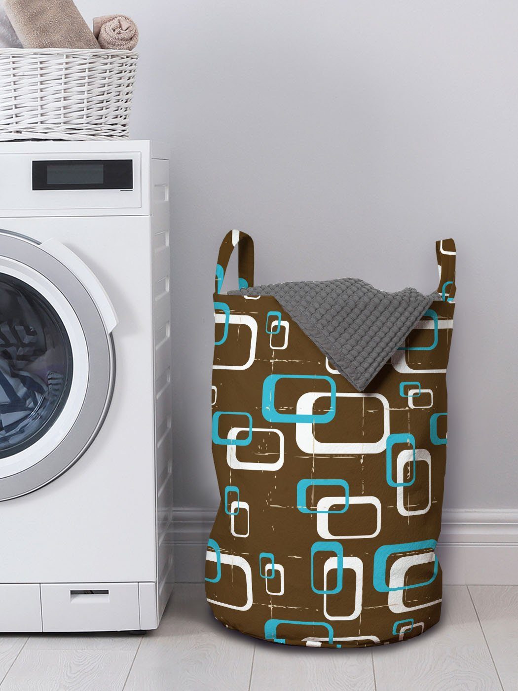 Bild Waschsalons, Griffen Geometrisch Retro Grunge Wäschekorb Funky mit Kordelzugverschluss Wäschesäckchen Abakuhaus für