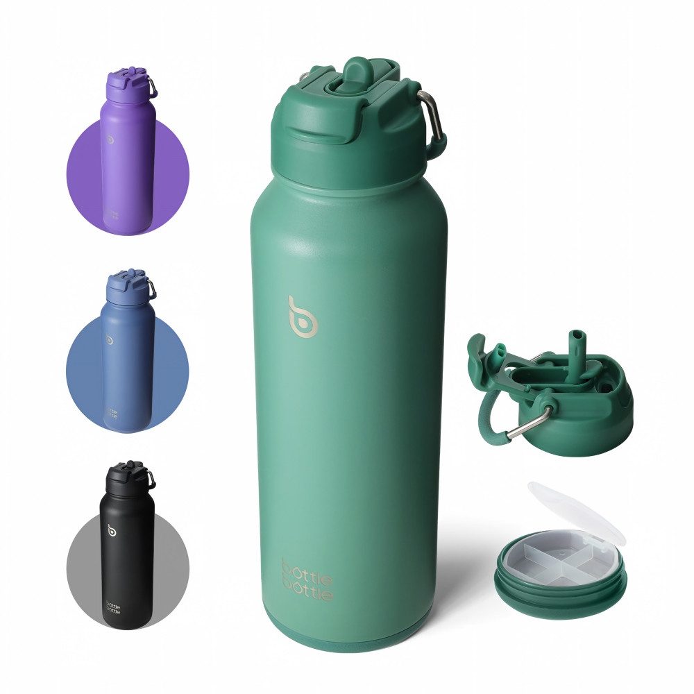 BOTTLE BOTTLE Trinkflasche Sport-Trinkflasche, Edelstahl, isoliert, mit Strohhalm und Pillenhalter, 1L