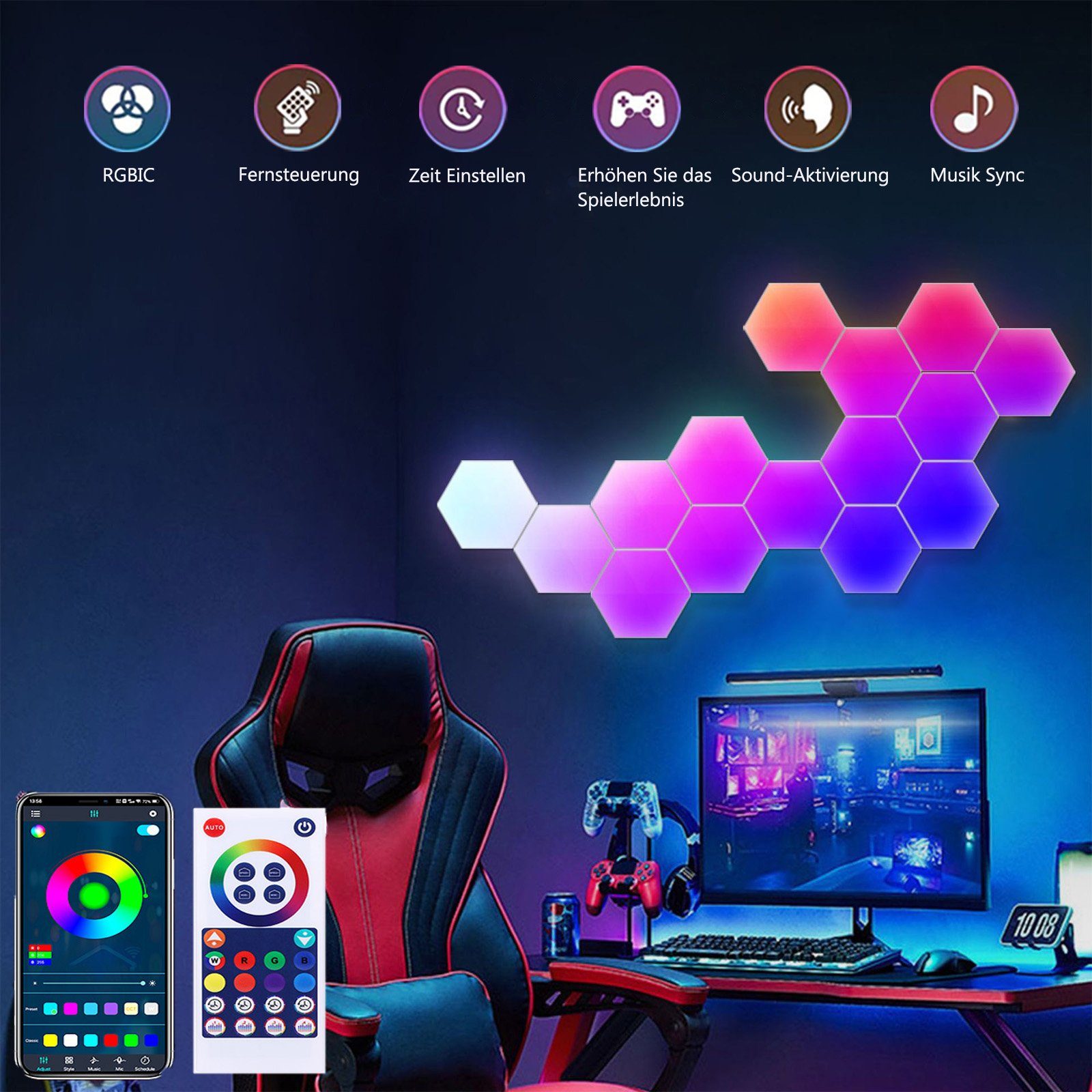 Sunicol LED Dekolicht LED Hexagon Licht, RGB Farbwechsel Dimmbar, Sechseck,  Wand Gaming Deko, 3 Lichtfarben, DIY, Wandleuchte mit Fernbedienung, USB