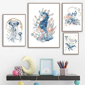 TPFLiving Kunstdruck (OHNE RAHMEN) Poster - Leinwand - Wandbild, Kinderzimmer Bild - Seepferdchen, Wale, Quallen, Octopus - (Korallen, Ozean und Meer), Farben: Blau, Braun, Beige, Weiß - Größe: 13x18cm