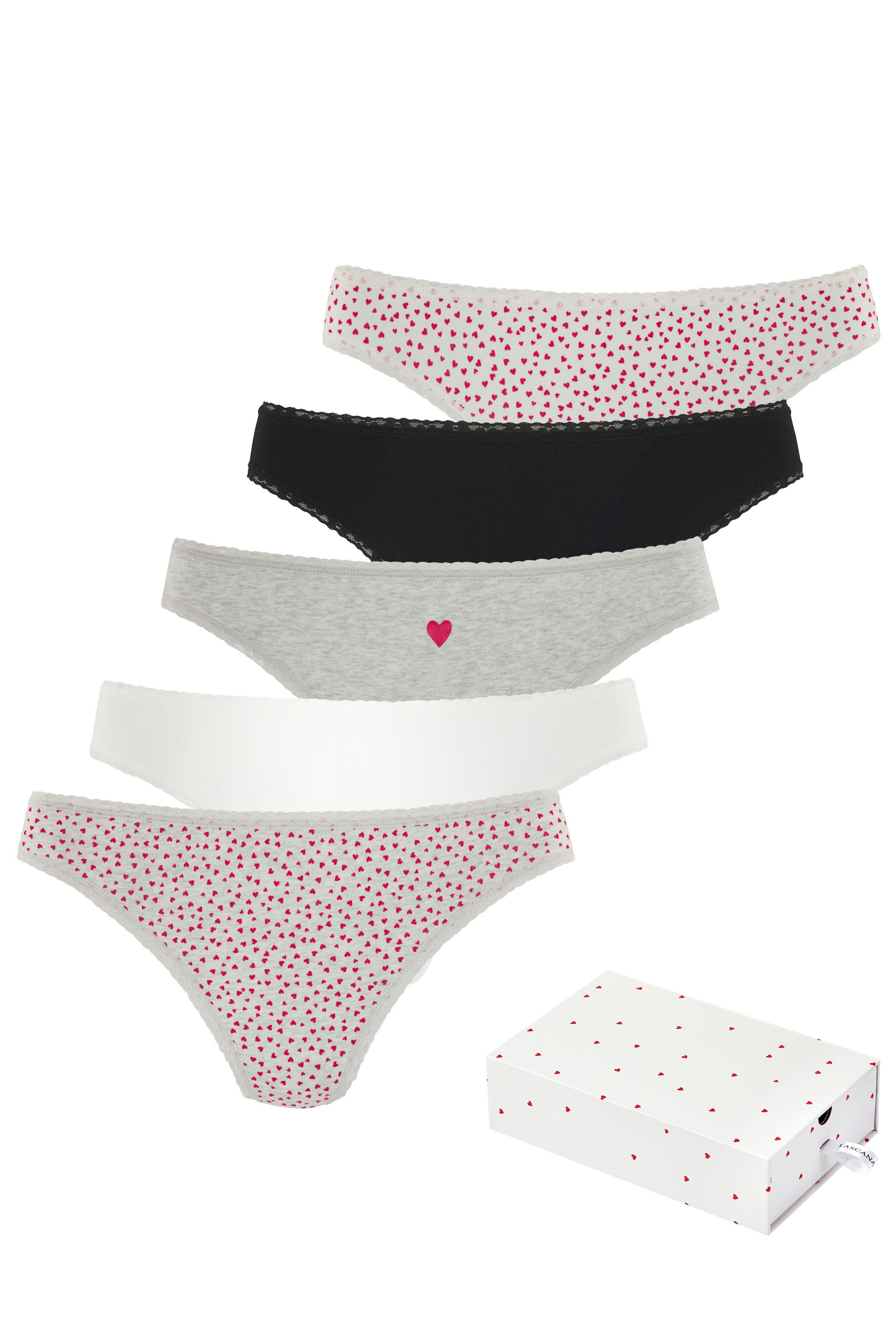 LASCANA String Geschenk Box (5er-Pack) mit süßen Herzchen-Prints und aus elastischer Baumwoll-Qualität