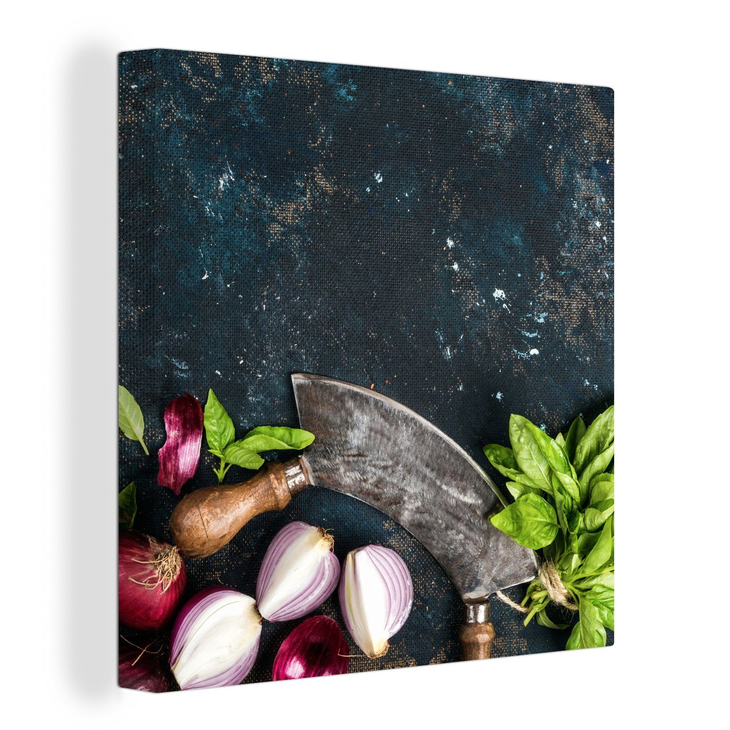 OneMillionCanvasses® Leinwandbild Gemüse - Kräuter - Wiegemesser - Zwiebel - Gewürze - Rustikal, (1 St), Leinwand Bilder für Wohnzimmer Schlafzimmer