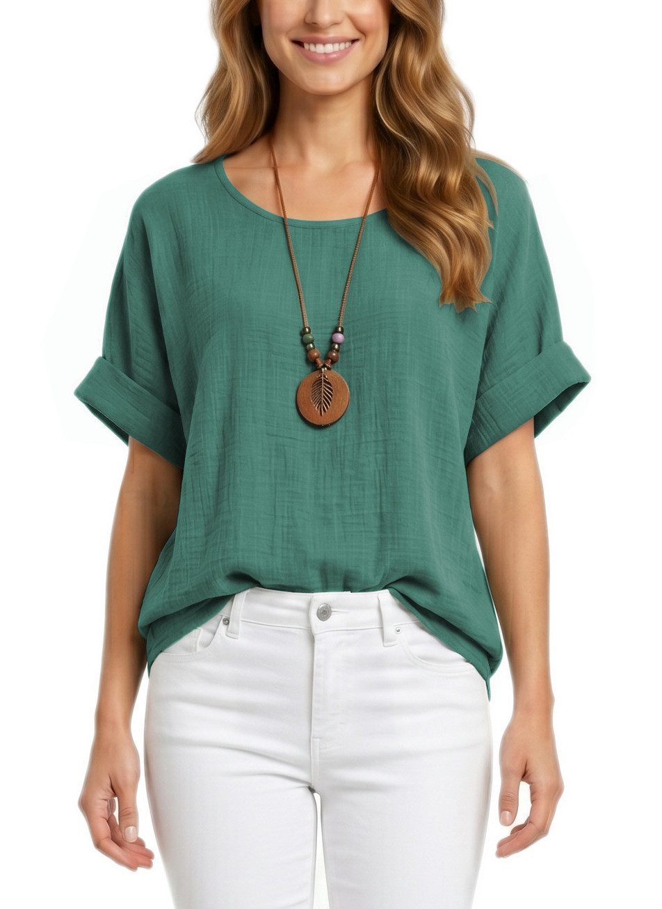 dy_mode Kurzarmbluse Damen Kurzarm Bluse Leichte Sommer Tunika Baumwollbluse Oberteil in Unifarbe, mit passende Kette