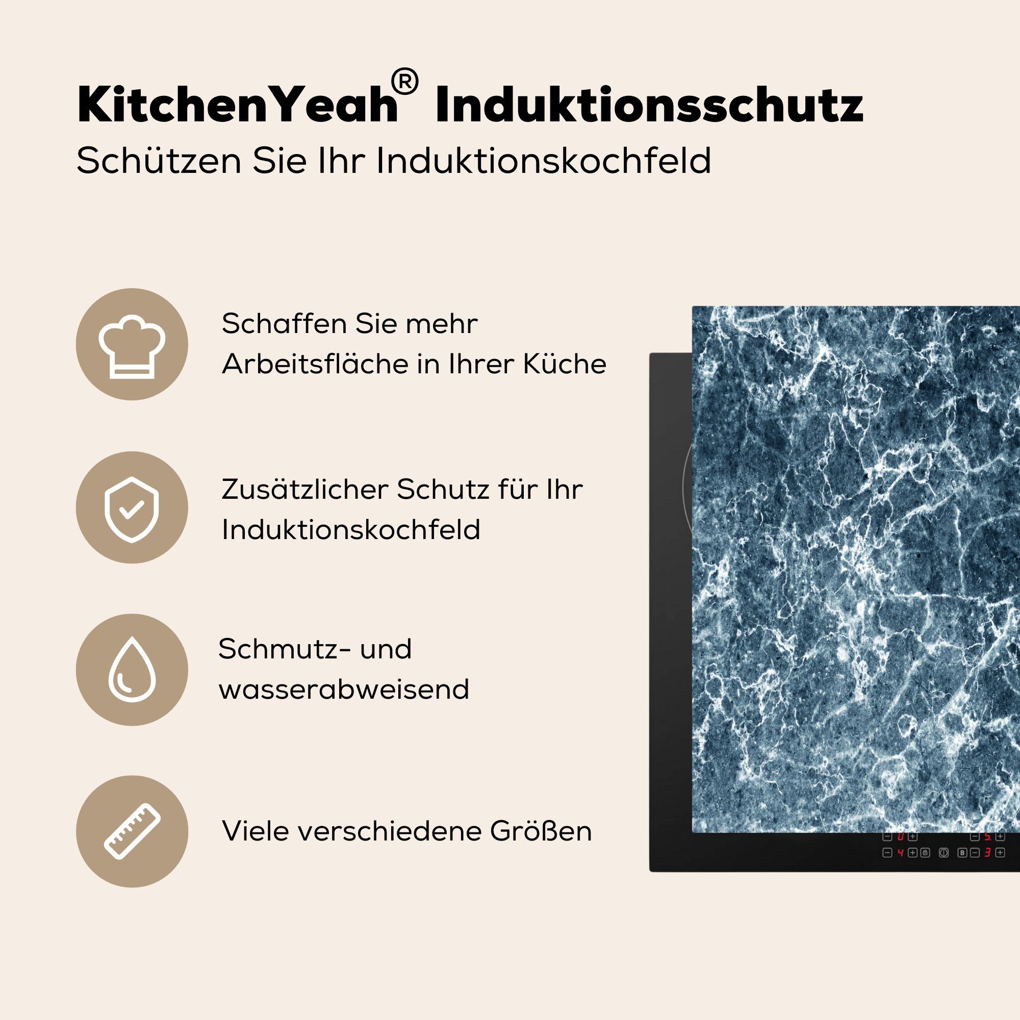 78x78 Ceranfeldabdeckung, Arbeitsplatte tlg), (1 Marmor cm, - Vinyl, MuchoWow Weiß, Blau für Herdblende-/Abdeckplatte - küche