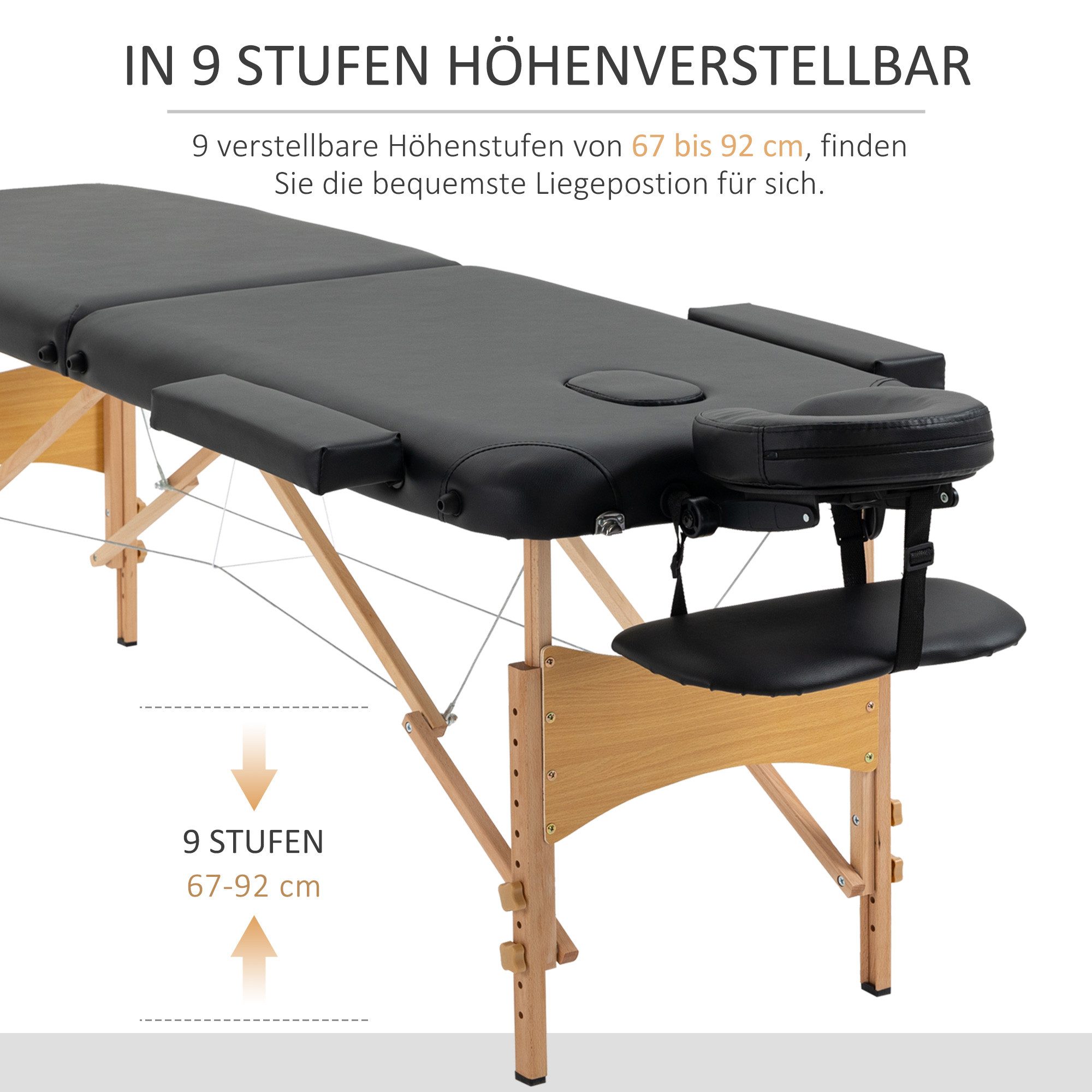 HOMCOM Massageliege Massagetisch, Massageliege mit Kopfstütze, Schwarz (Massagebank, 1-St., Massagetisch), Kunstleder, Holz, Schwarz – Bild 4 von 5