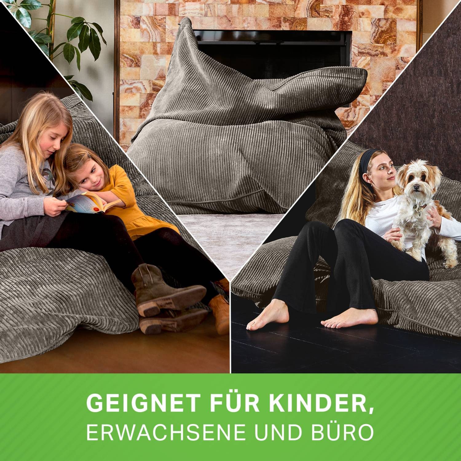 Green Bean Sitzsack XXL Riesen Sitzsack Square aus Cord (XXL aus Cordstoff 370 Liter mit EPS-Perlen Füllung, Kuschelig Weich Waschbar), Sitzkissen Lounge Chair Relax-Sessel Kinder Erwachsene