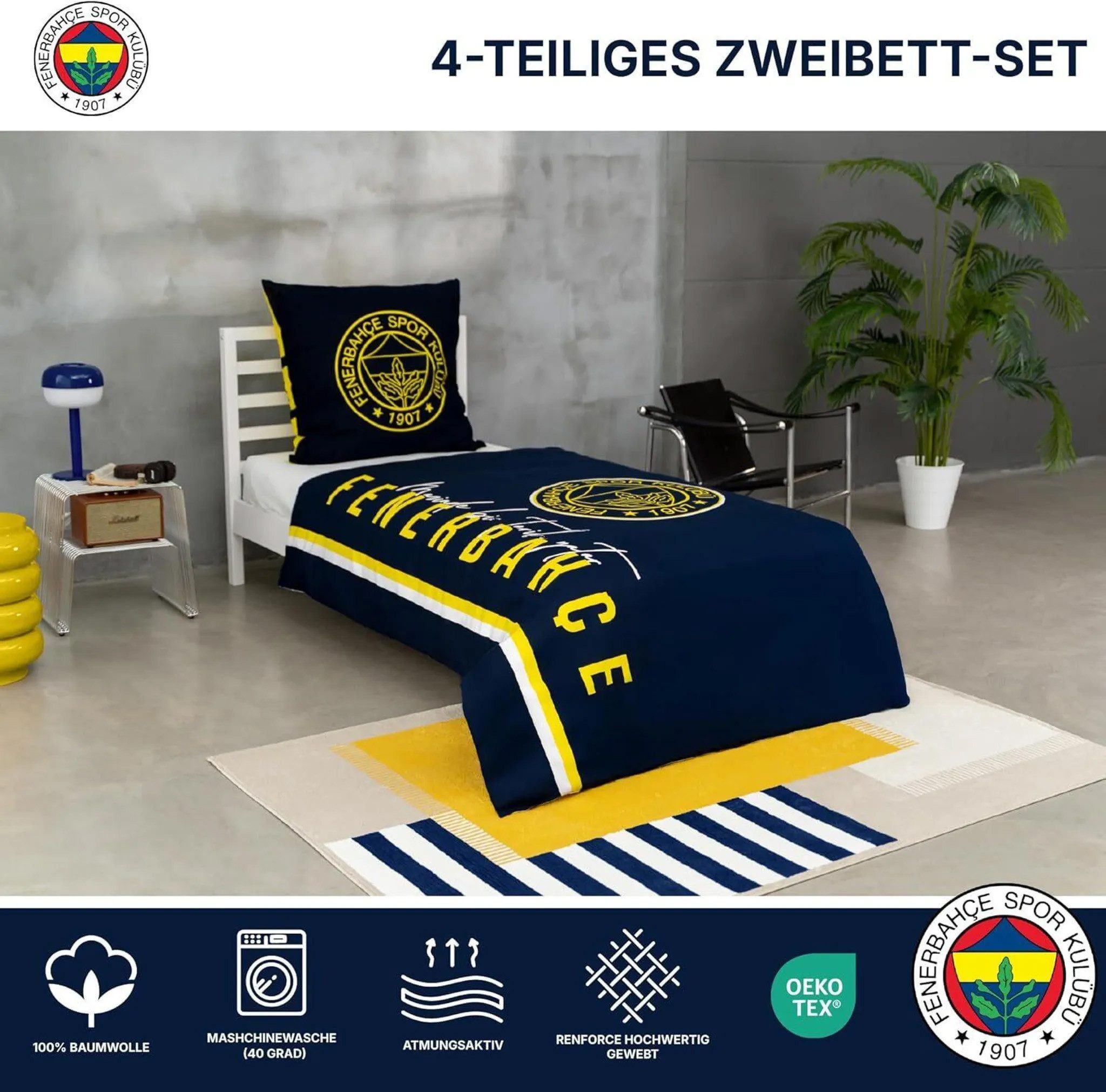 Tac Jugendbettwäsche FENERBAHCE Bettwäsche-Set, Baumwolle, 2 teilig, Doppelseitig, superweich, verdeckter Reißverschluss