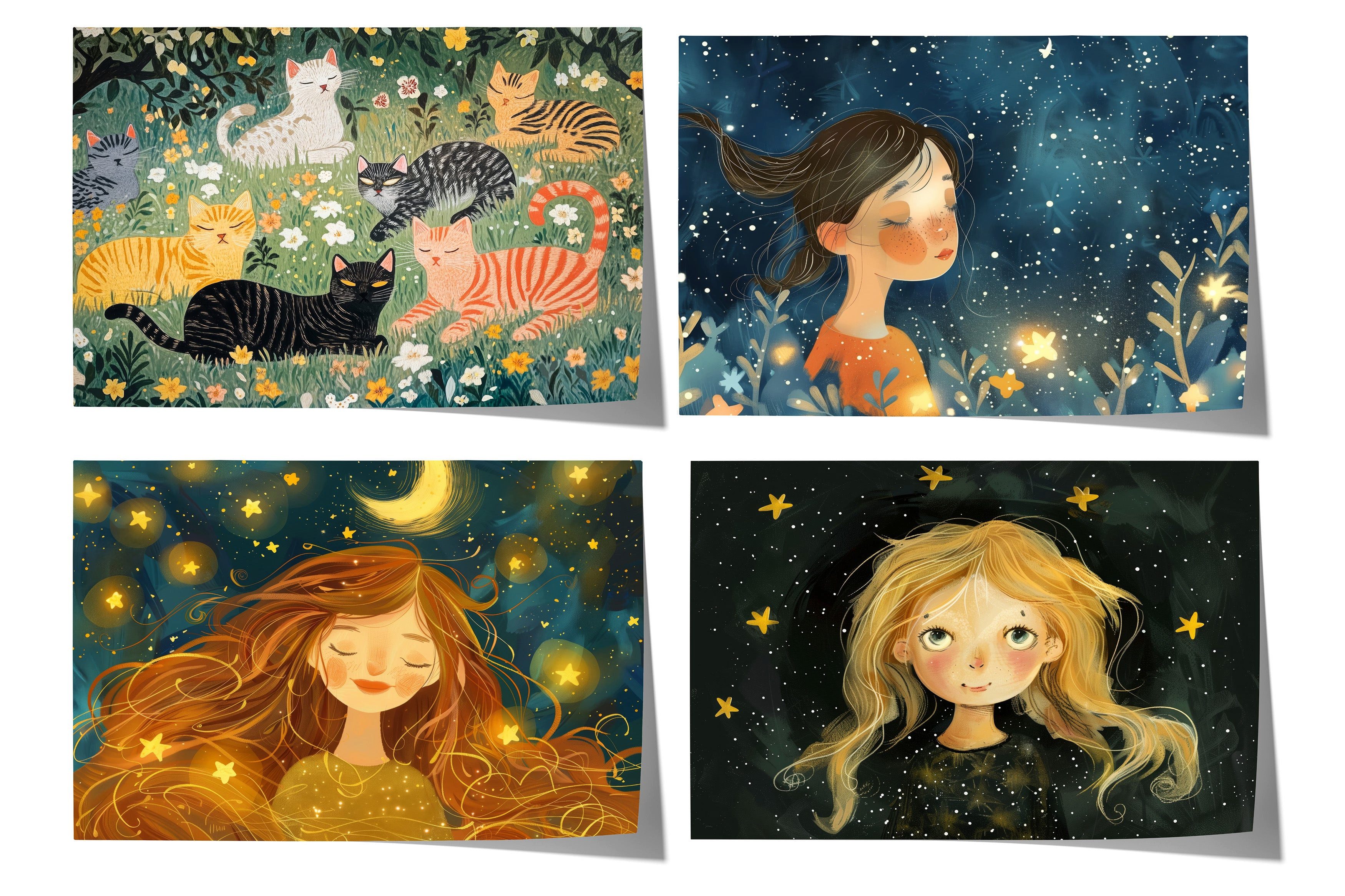JUSTGOODMOOD Poster Märchen Mädchen Geschenkidee Sternennacht mit Katzen und Blumen Kinder, F (1 St)