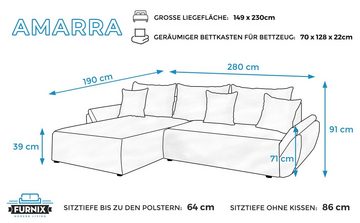 Furnix Ecksofa Amarra Sofa mit Schlaffunktion Bettkasten Kissen Couch L-Form Auswahl, Masse: B280 x H91 x T190 cm, hochwertige Polsterstoffe