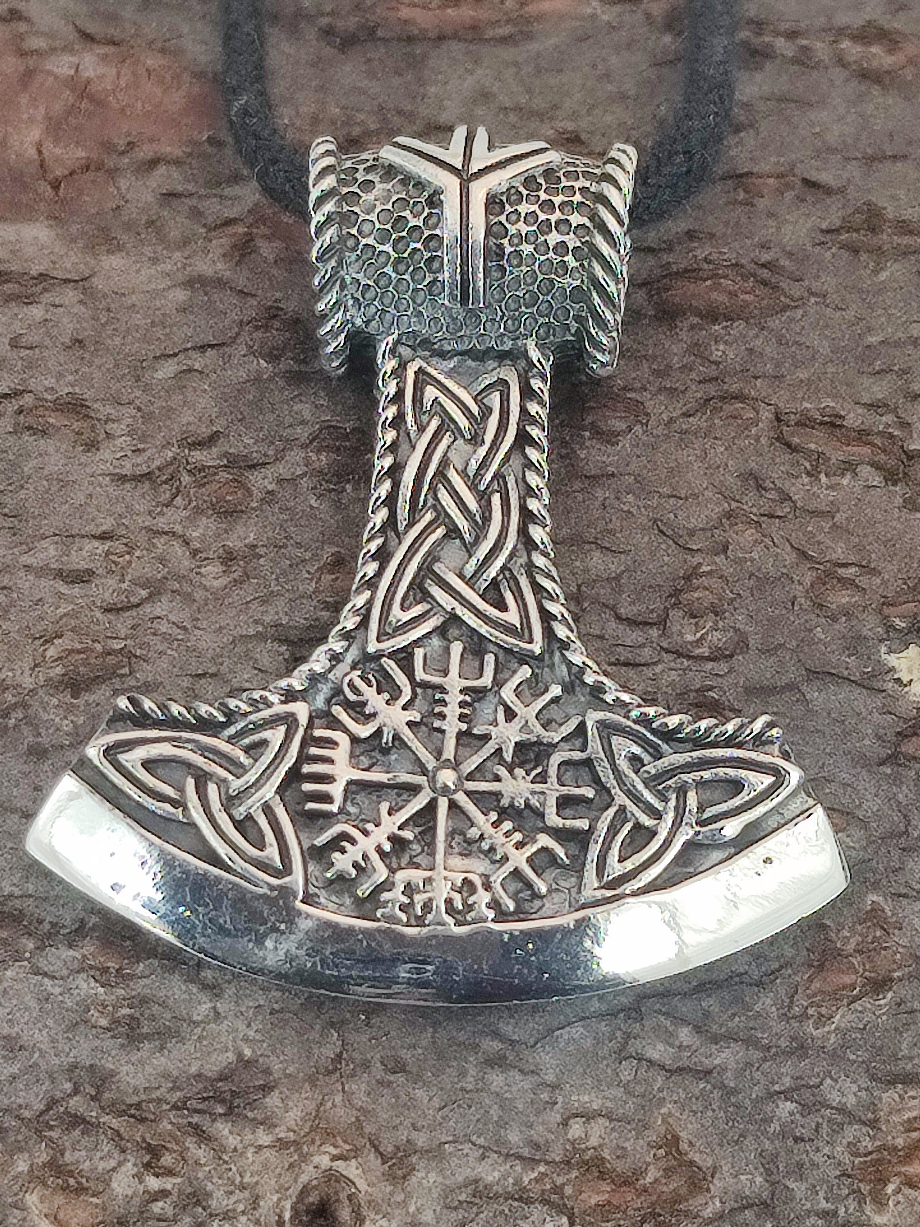 Kiss of Leather Kette mit Anhänger Thorshammer Thor Hammer Wikingerkompass Vegvisir Königskette 3 mm
