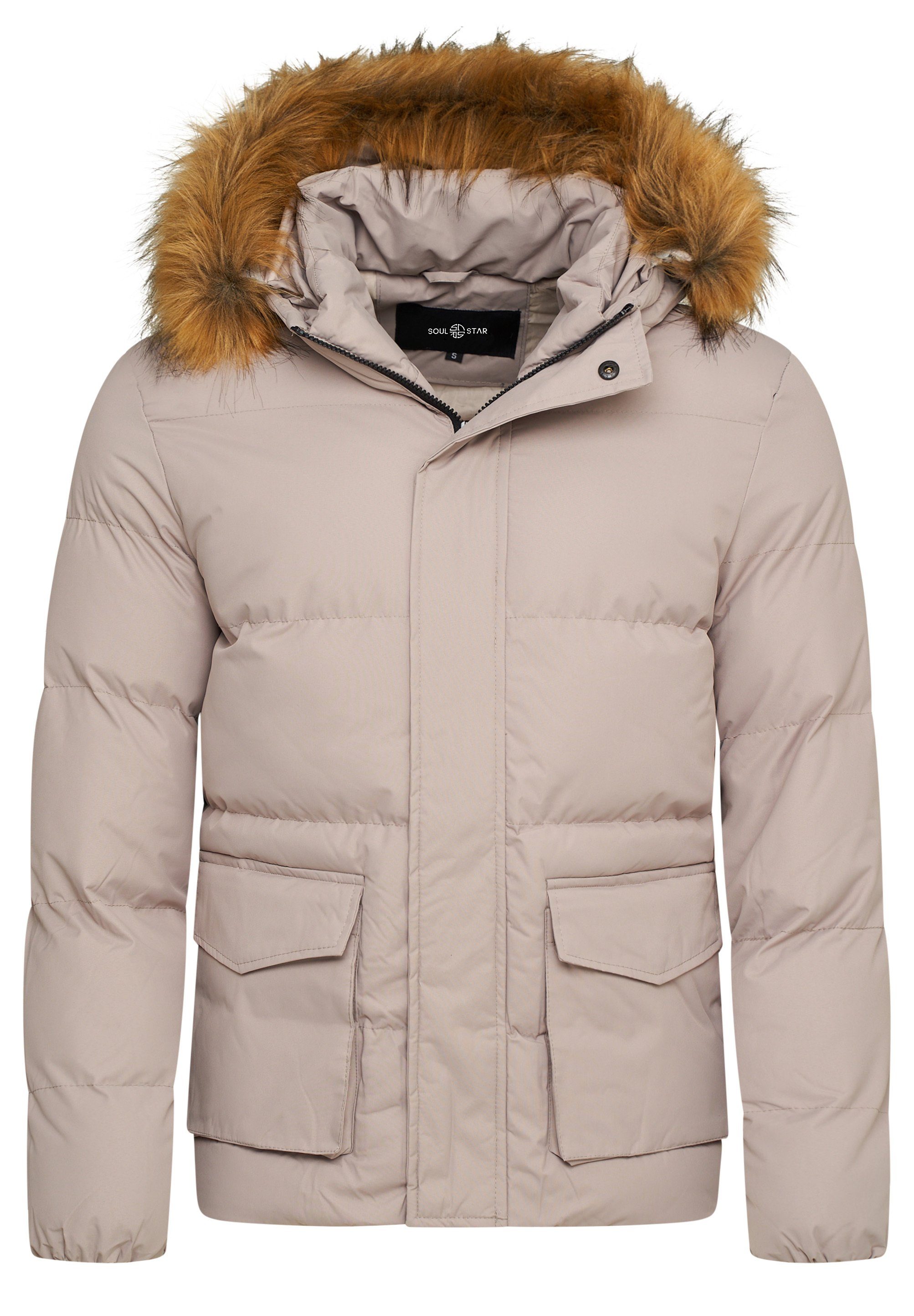 SOULSTAR Winterjacke S2RISOR Parka Lang Puffer Jacke mit Kapuze & abnehmbarem Kunstfell Pufferjacke Taupe