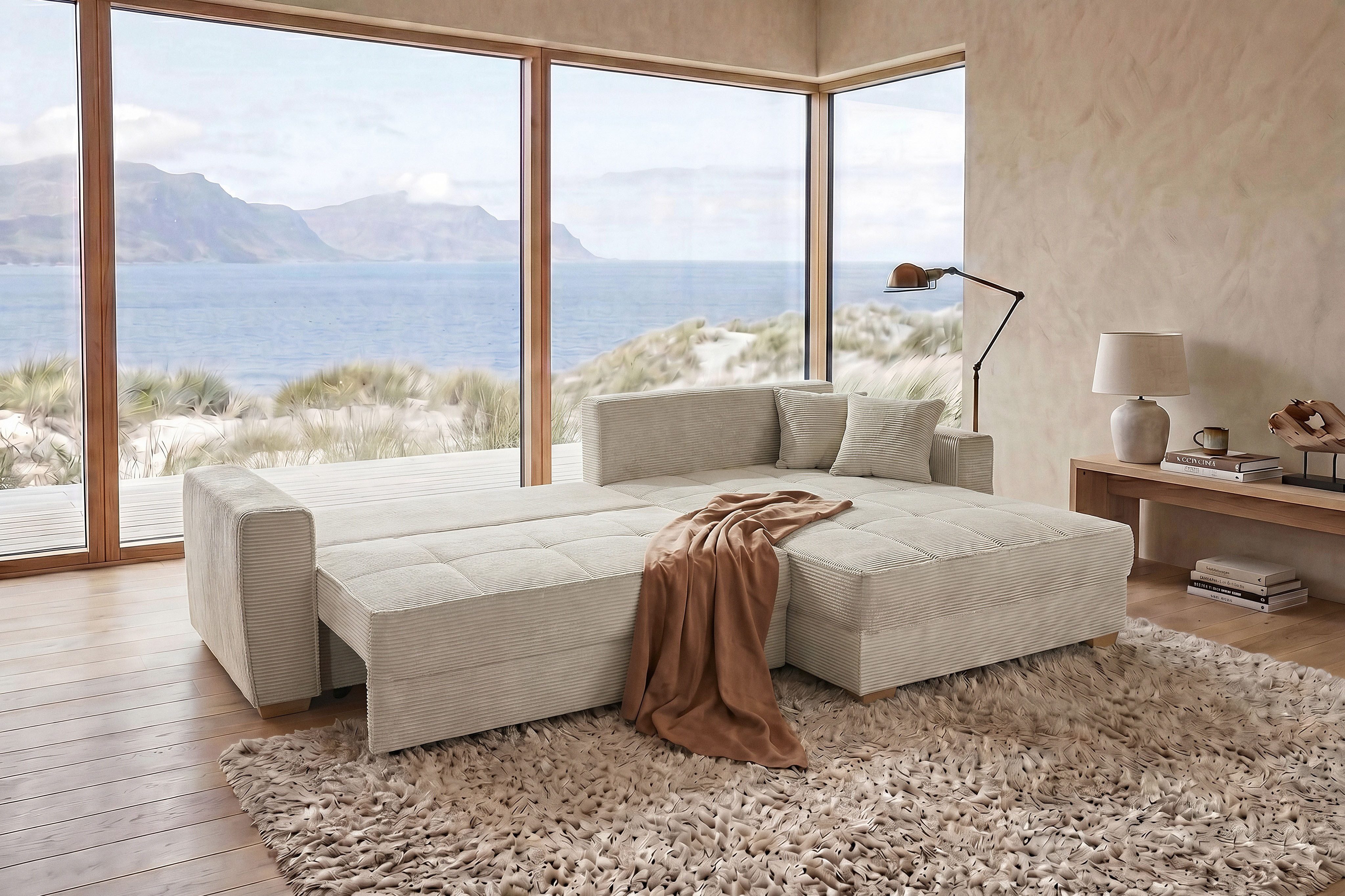 Jockenhöfer Gruppe Ecksofa Bologna, L-Form, Breite: 298 cm, Cord-Bezug, beidseitig montierbar, mit Bettfunktion, Bettkasten&Zierkissen, Wellenfederung, XXL-Ottomane