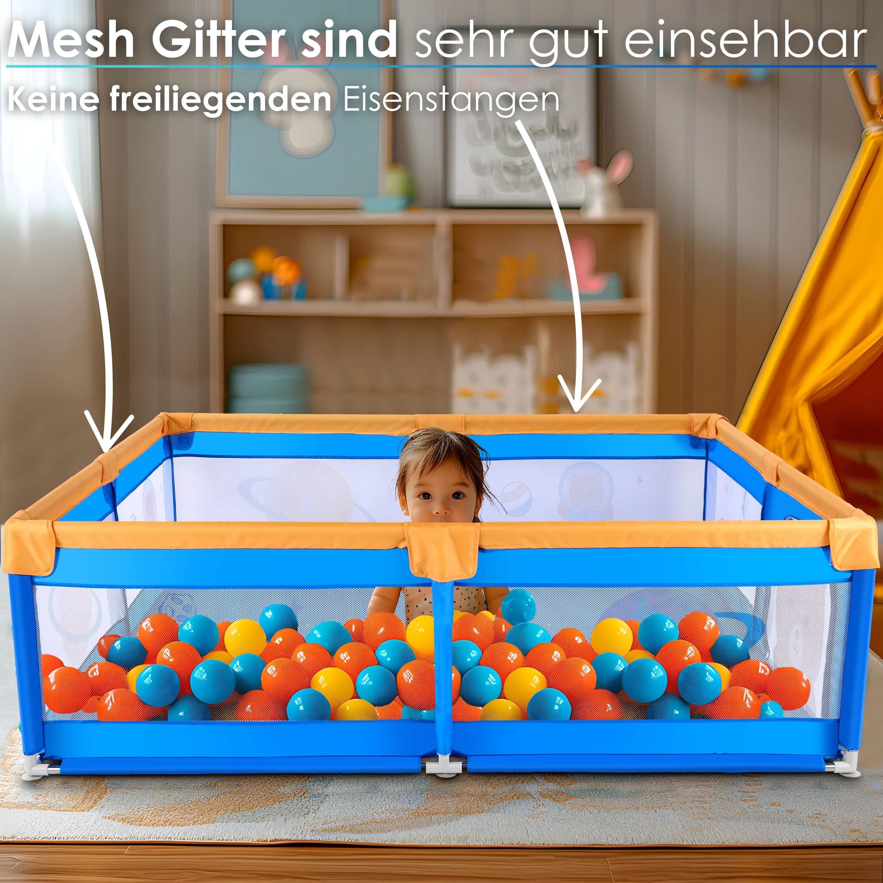 ecosa Laufgitter EO-5070 (Packung), Tolles Teddybären Raumschiff Design 180x200x100 cm