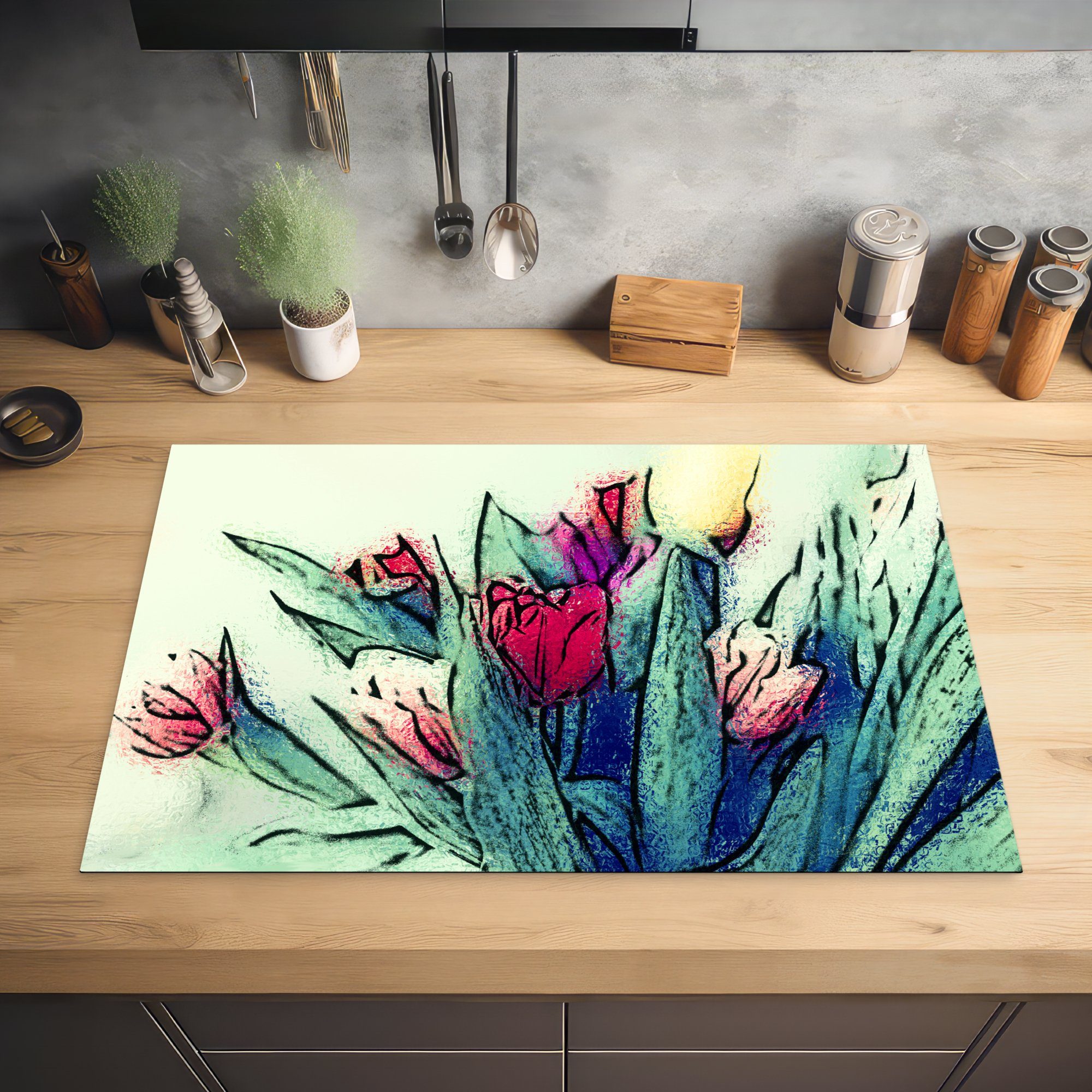 MuchoWow Herdblende-/Abdeckplatte - Ceranfeldabdeckung Schutz für Induktionskochfeld küche, - Blätter - tlg), Tulpen (1 Aquarell, die Blumen cm, 81x52 Vinyl