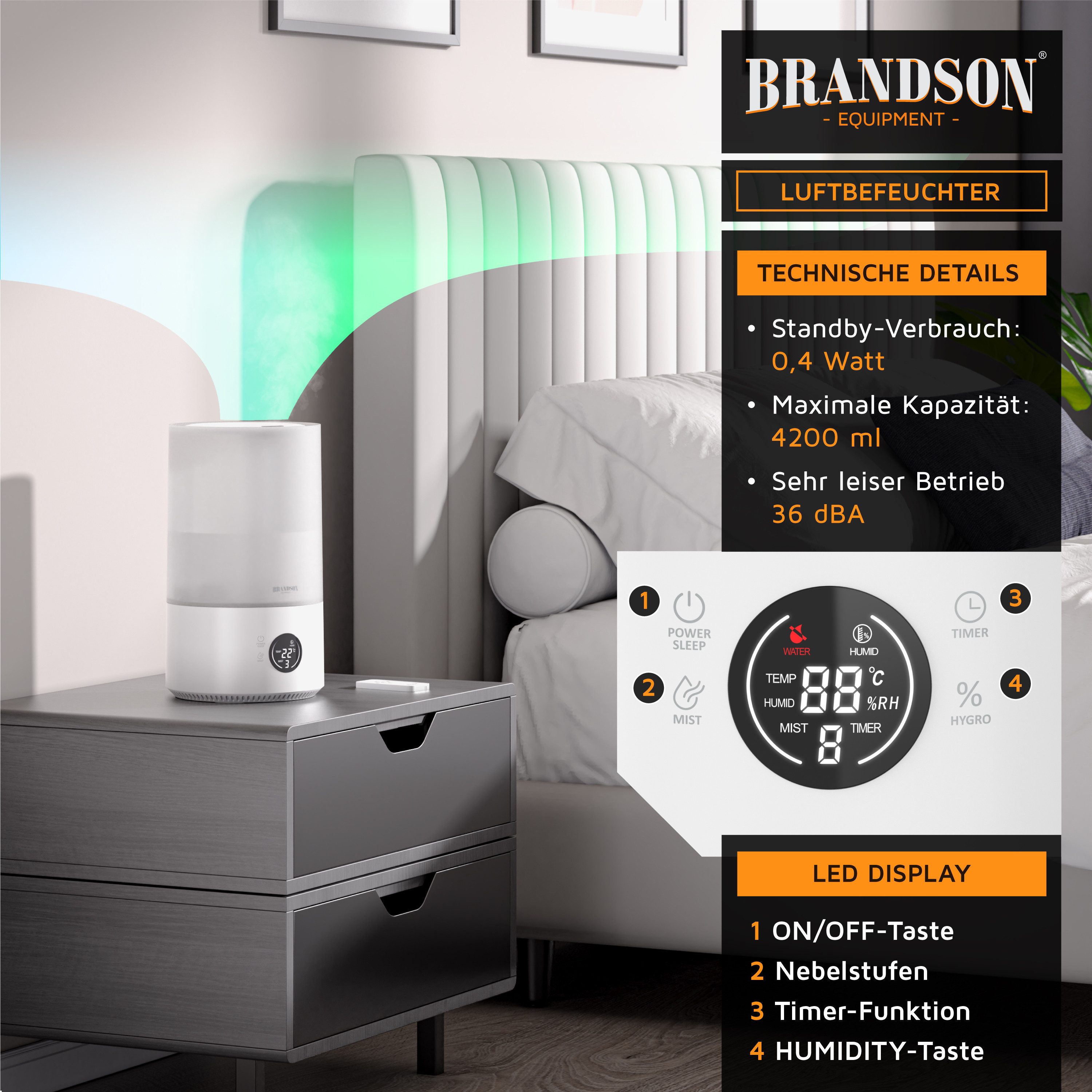Brandson Luftbefeuchter digital mit Display, 3 Nebelstufen, Timer, 4,2 L Wassertank, 4.2 l Wassertank, einstellbar von 40–90 %, Fernbedienung, sehr leise, Abschaltautomatik