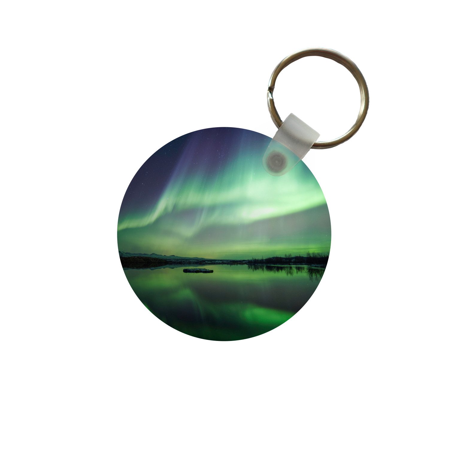 MuchoWow Schlüsselanhänger Nordlicht - See - Island - Grün - Wald - Schnee, Rund, Geschenk für Damen / Herren / Kinder mit Schlüsselring, 5x5 cm