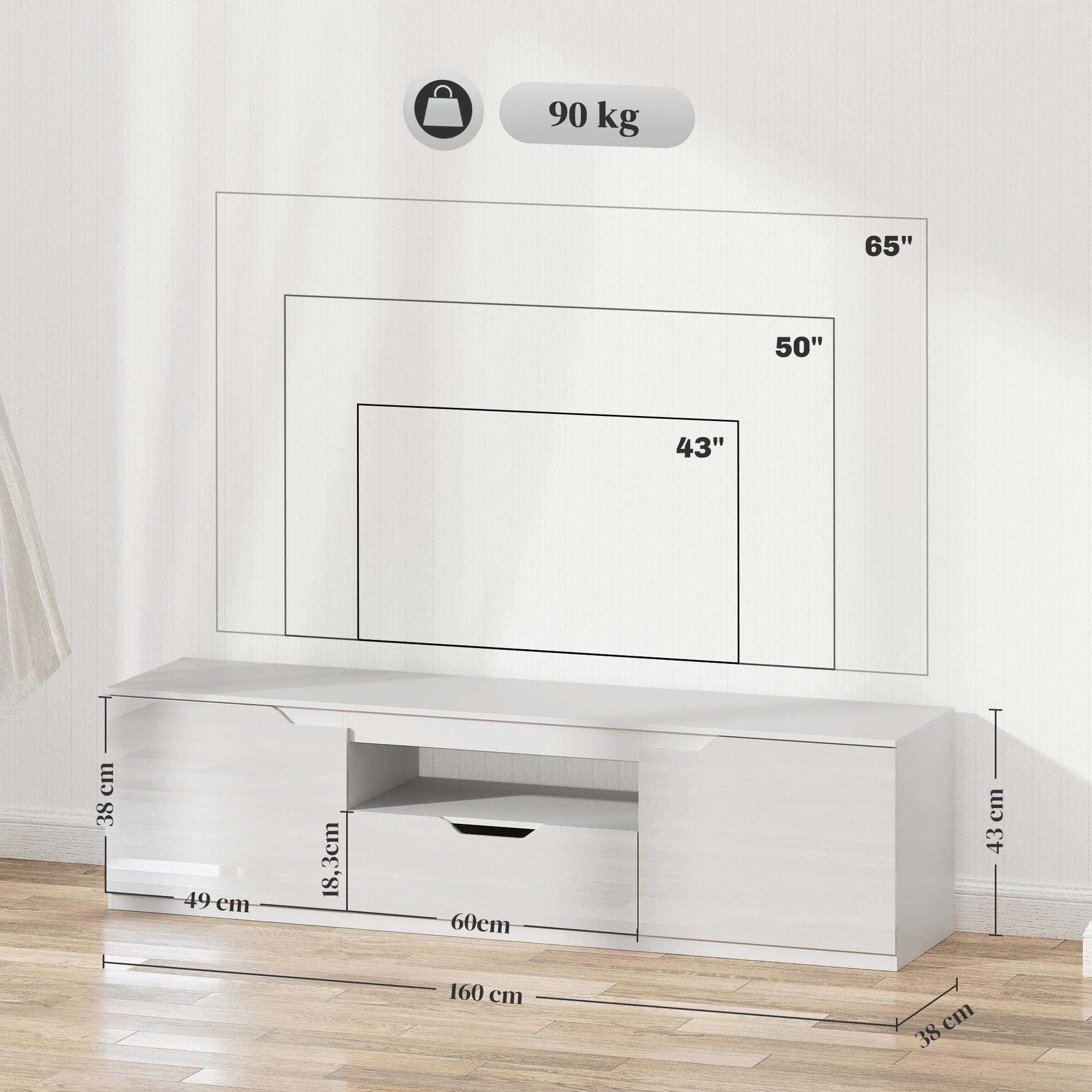 HOMCOM TV-Board TV Schrank Lowboard mit 2 Türen, Schublade (TV Board, 1 St., Fernsehtisch), mit Kabelmanagement für Wohnzimmer, Weiß