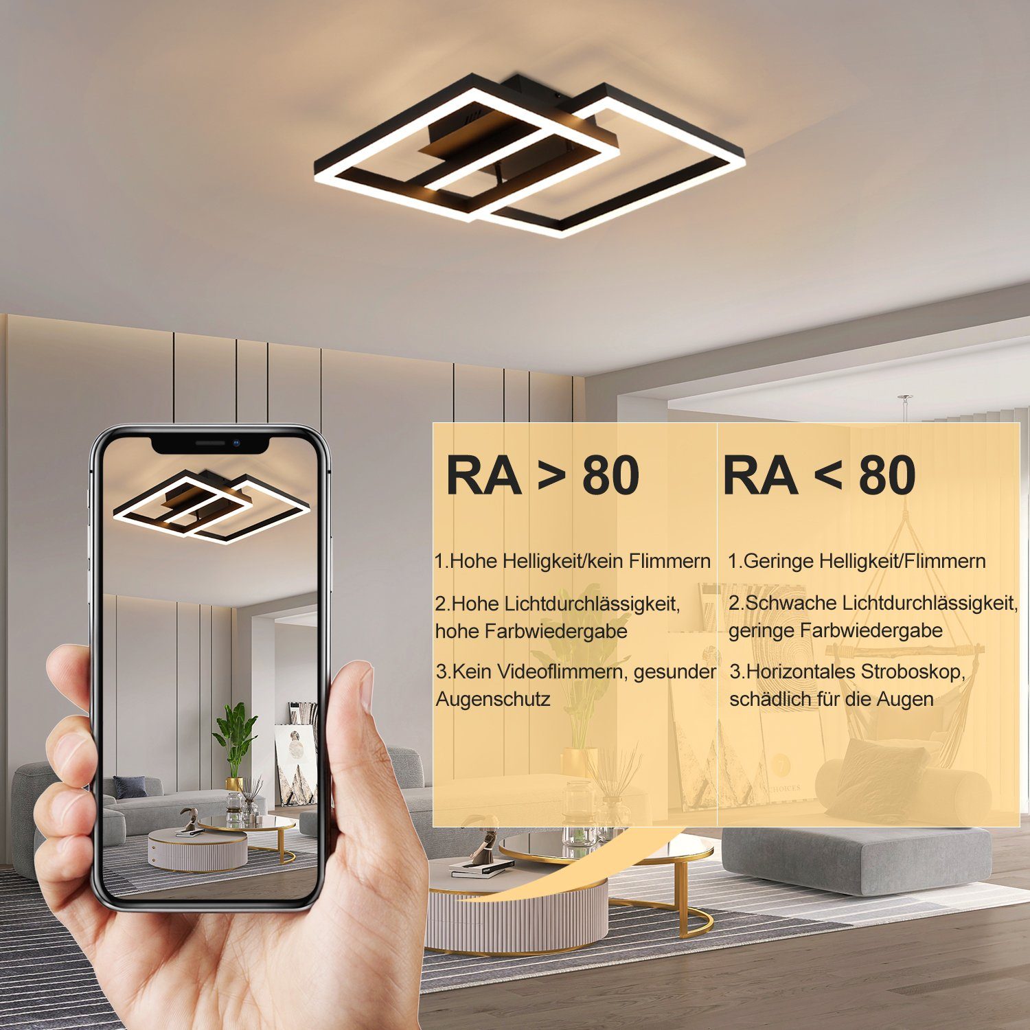 Nettlife LED Deckenleuchte LED Deckenleuchte quadratische Rahmen, Dimmbar mit Fernbedienung, LED fest integriert, Warmweiß, Neutralweiß, Kaltweiß, für Wohnzimme – Bild 4 von 5