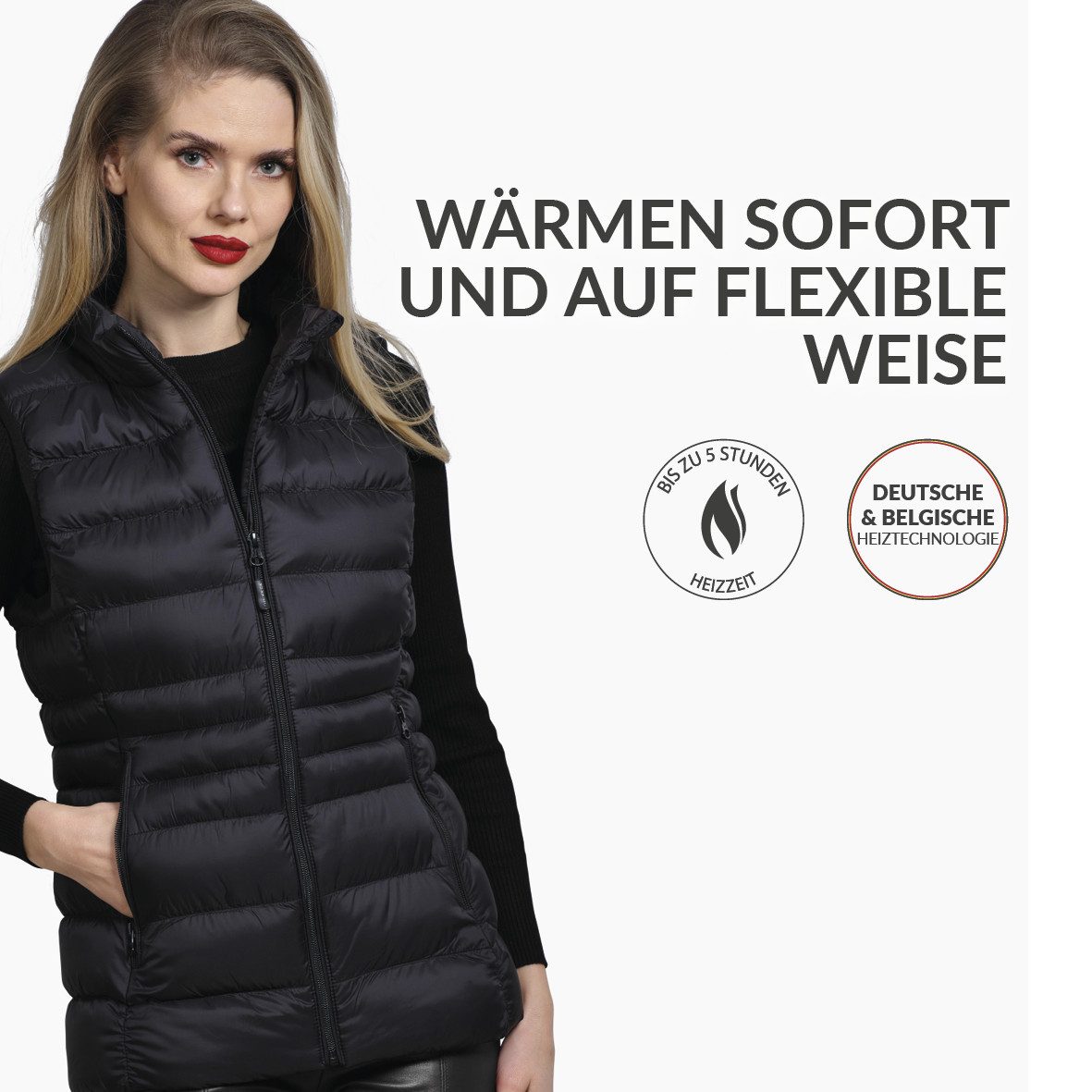 30seven Steppweste beheizte Weste Slim Fit mit gepolstertem Kragen - Schwarz 5V Set inkl. 2 Powerbanks & Ladegerät