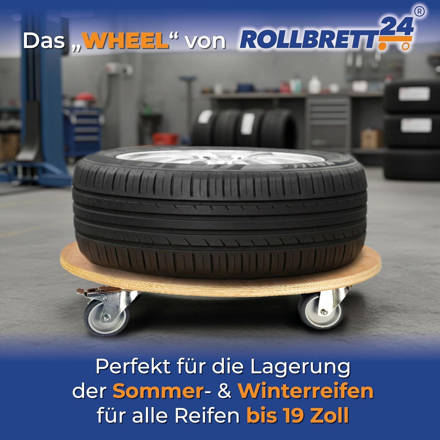 Rollbrett24 Transportroller Pflanzenrollbrett, Werkstattrollbrett für Reifen & Felgen bis 19 Zoll, (4-St., 1x Rollbrett Wheel), 240 kg Tragkraft, 2 Feststellbremsen, 360° Rollen, für Reifen geeignet