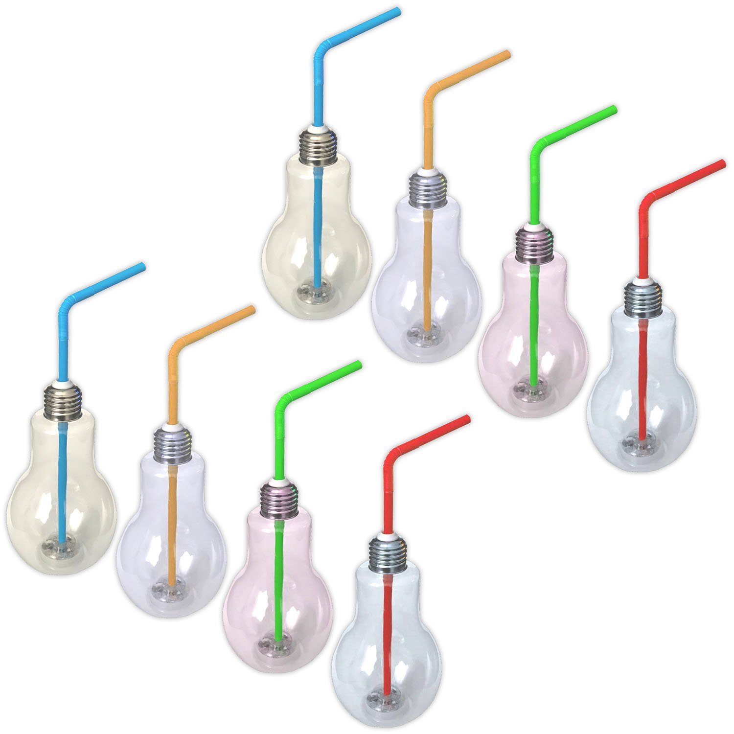 HAC24 LED Tischleuchte 8er Set LED Trinkglas Glühbirne Partyglas Cocktail Longdrinkgläser, Beleuchtet, 400 ml, mit Deckel und Strohhalm