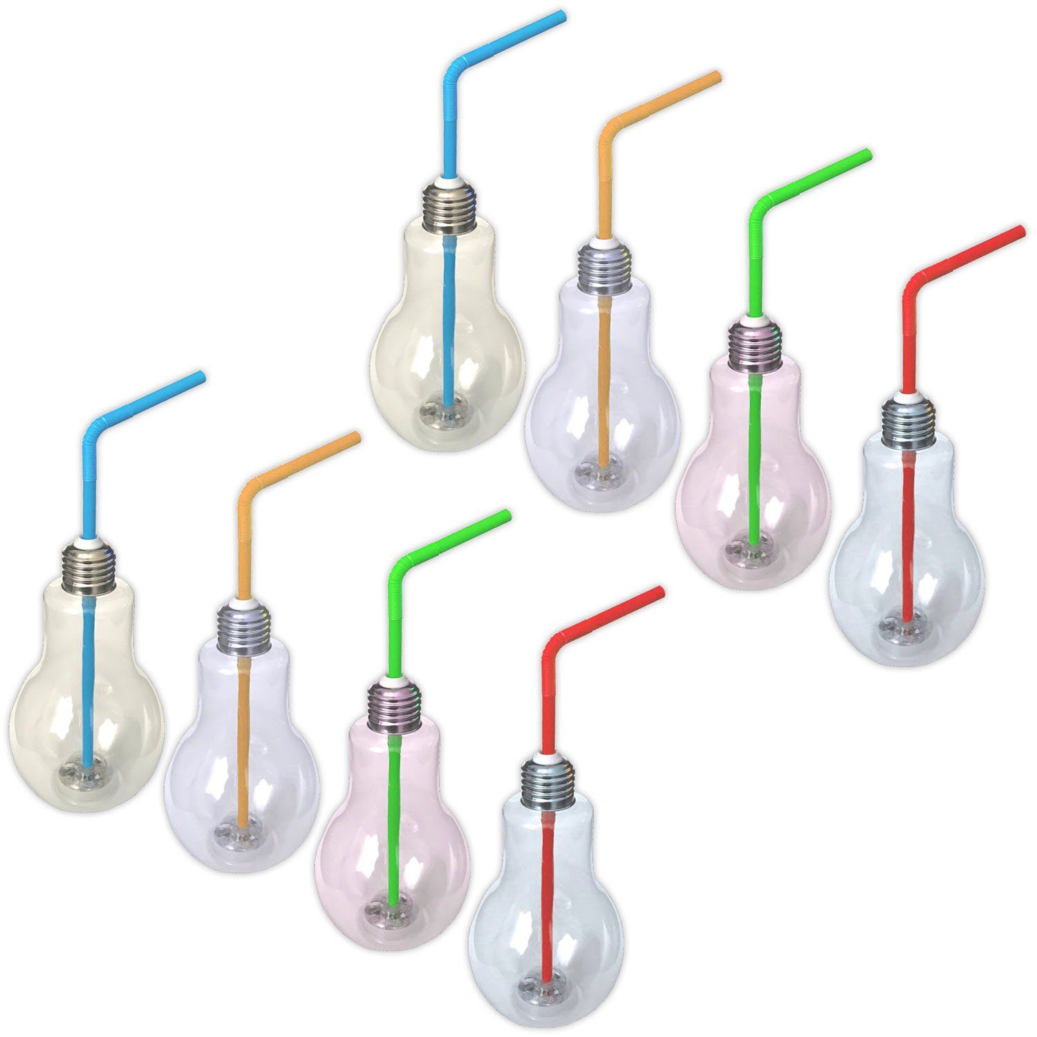 HAC24 Cocktailglas 8er Set LED RGB Trinkglas Glühbirne Partyglas Party Cocktail Glas Longdrinkgläser Blinkend, Kunststoff, Beleuchtet, 400 ml, mit Deckel und Strohhalm