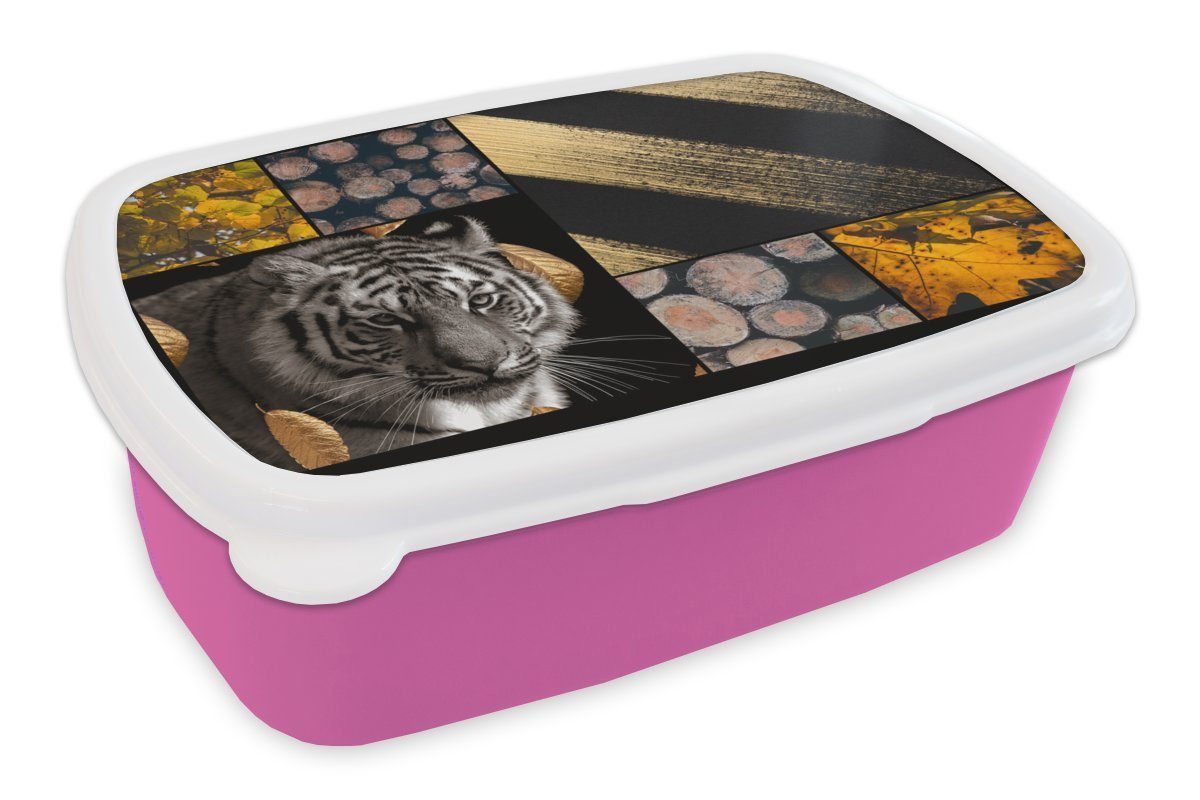 Brotdose rosa Holz Kunststoff MuchoWow Collage, (2-tlg), - - Lunchbox Snackbox, Gold Erwachsene, für Brotbox Kunststoff, Kinder, Mädchen, - Tiger