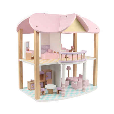 Coemo Puppenhaus, (möbliertes Puppenhaus Holz, 24-tlg), Puppenhaus Puppenstube aus Holz, komplett mit Möbel und Zubehör