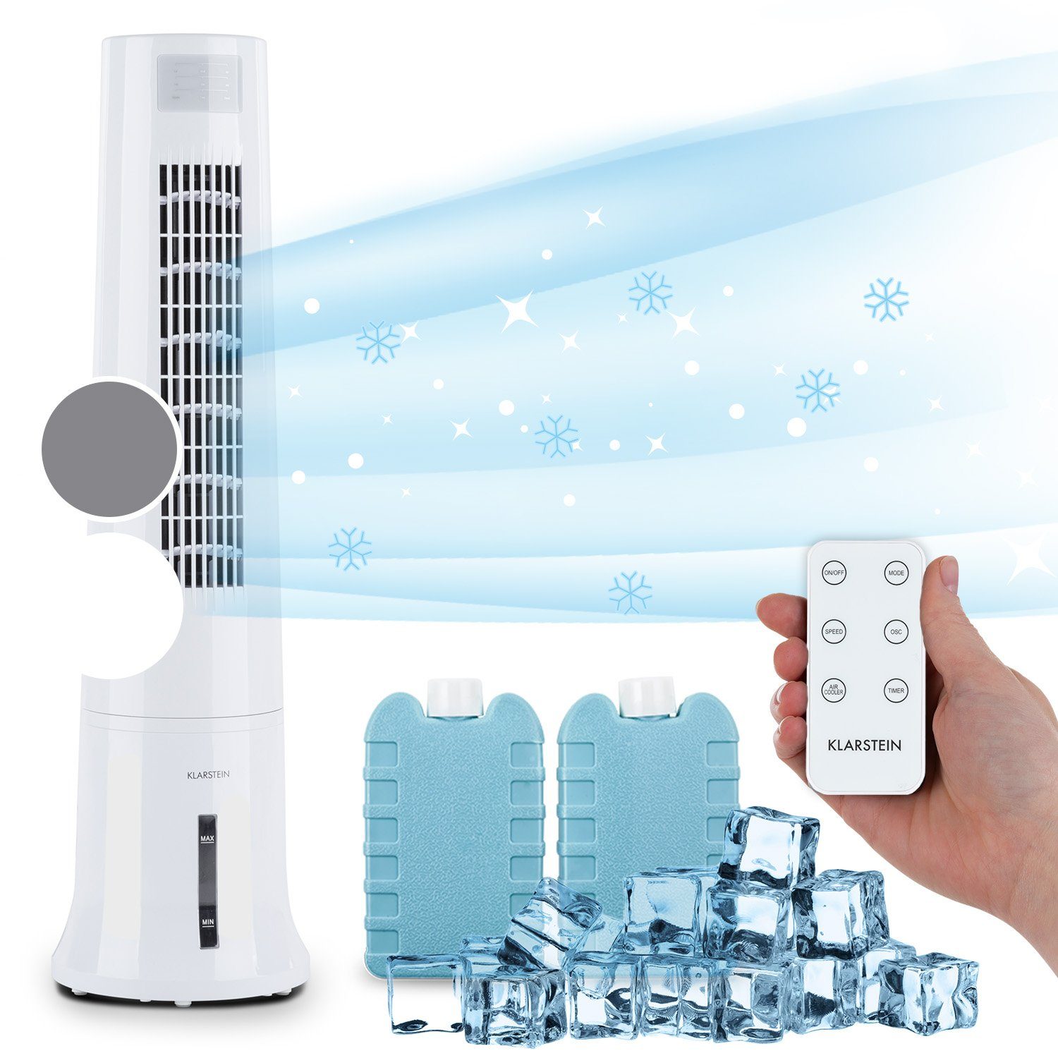 Klarstein Ventilatorkombigerät Highrise 3-in-1 Luftkühler, mit Wasserkühlung & Eis mobil Klimagerät ohne Abluftschlauch Weiß