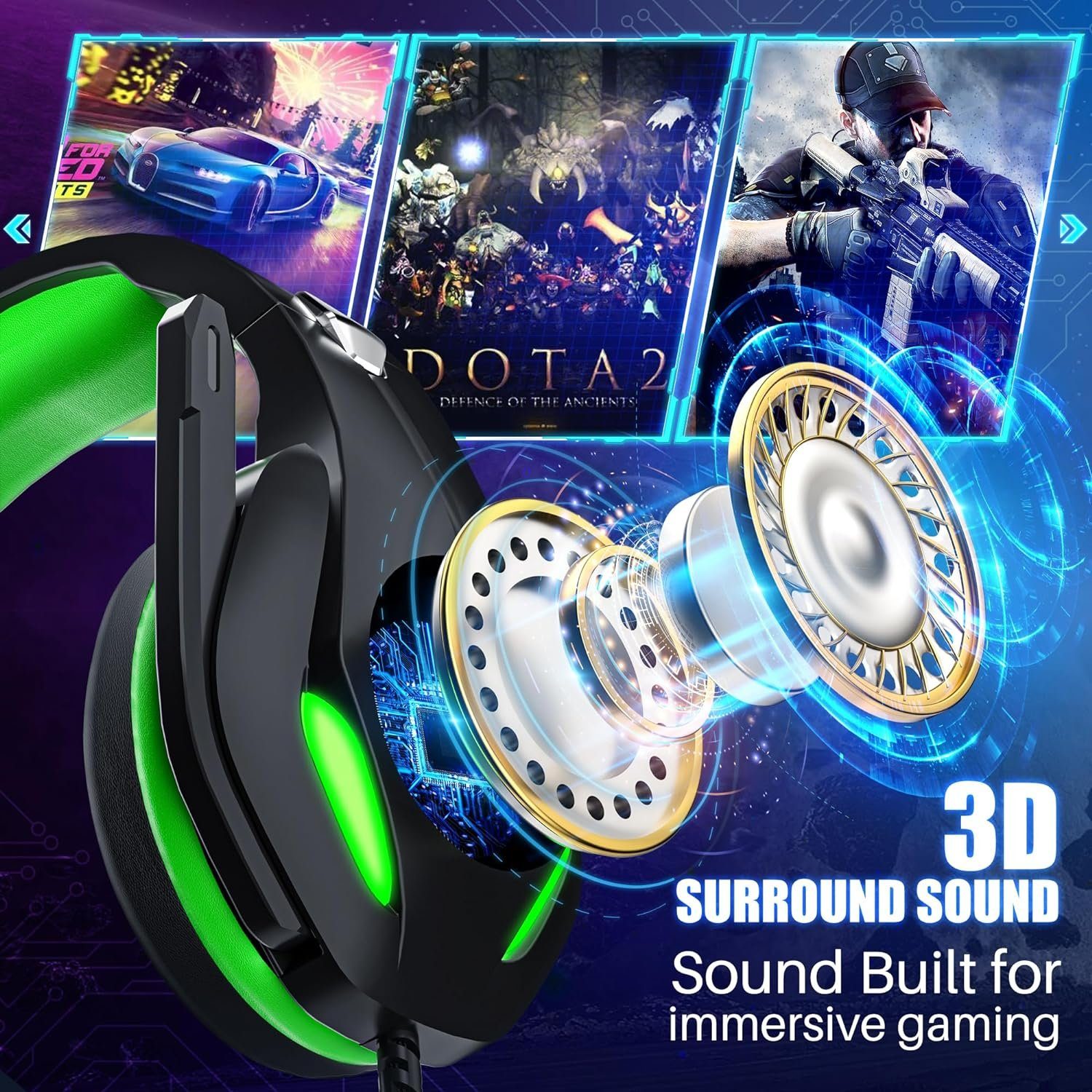 (Over-Ear-Gaming-Headset mit Stynice – Gaming-Headset Headset und 3,5-mm-Klinken-Surround-Sound- GH-2 Licht Mikrofon Gaming-Kopfhörer) LED Geräuschunterdrückung,