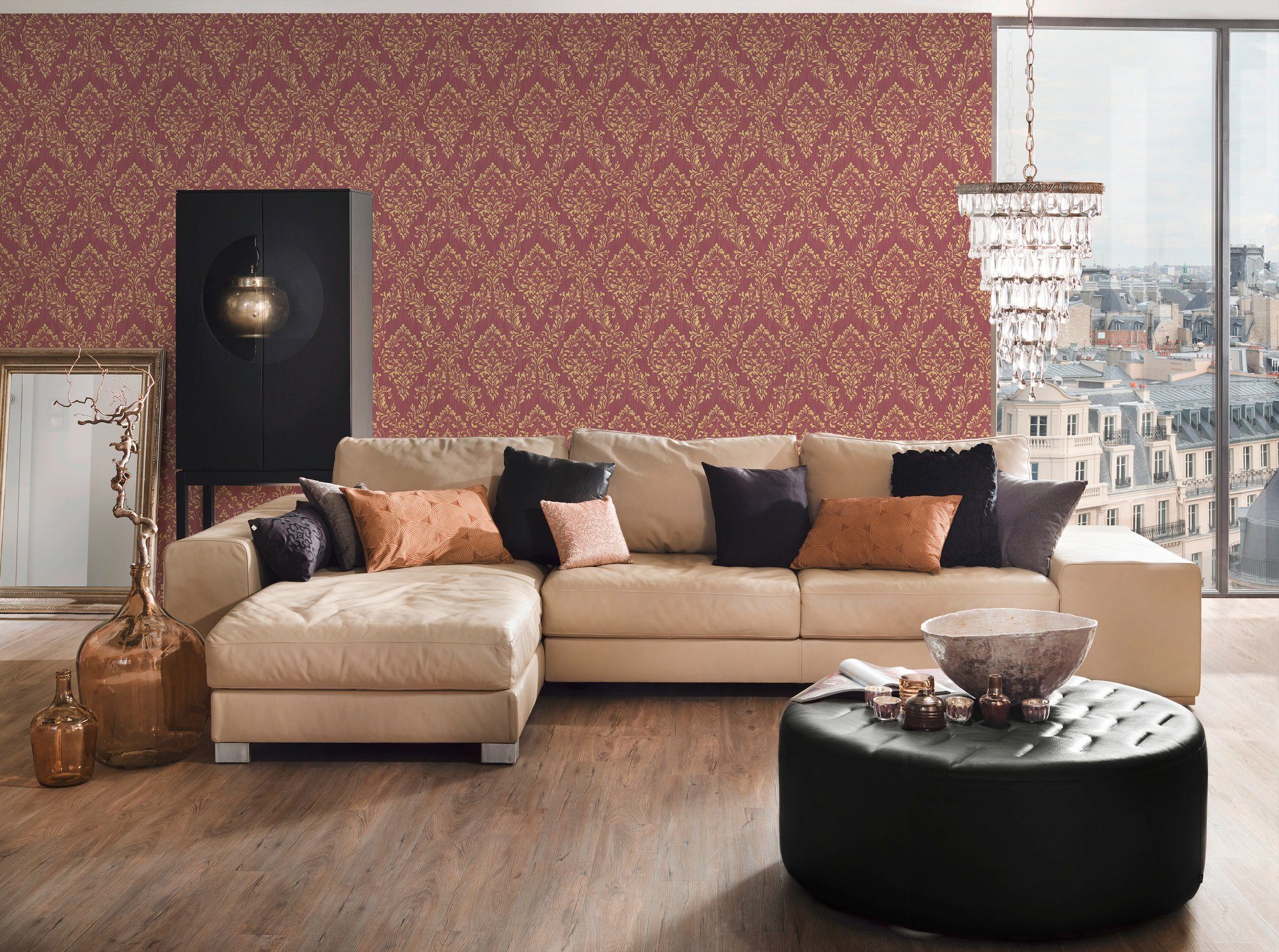 Architects Paper Barock, gold/rot Tapete Metallic samtig, matt, Ornament Silk, Textiltapete glänzend, Barock