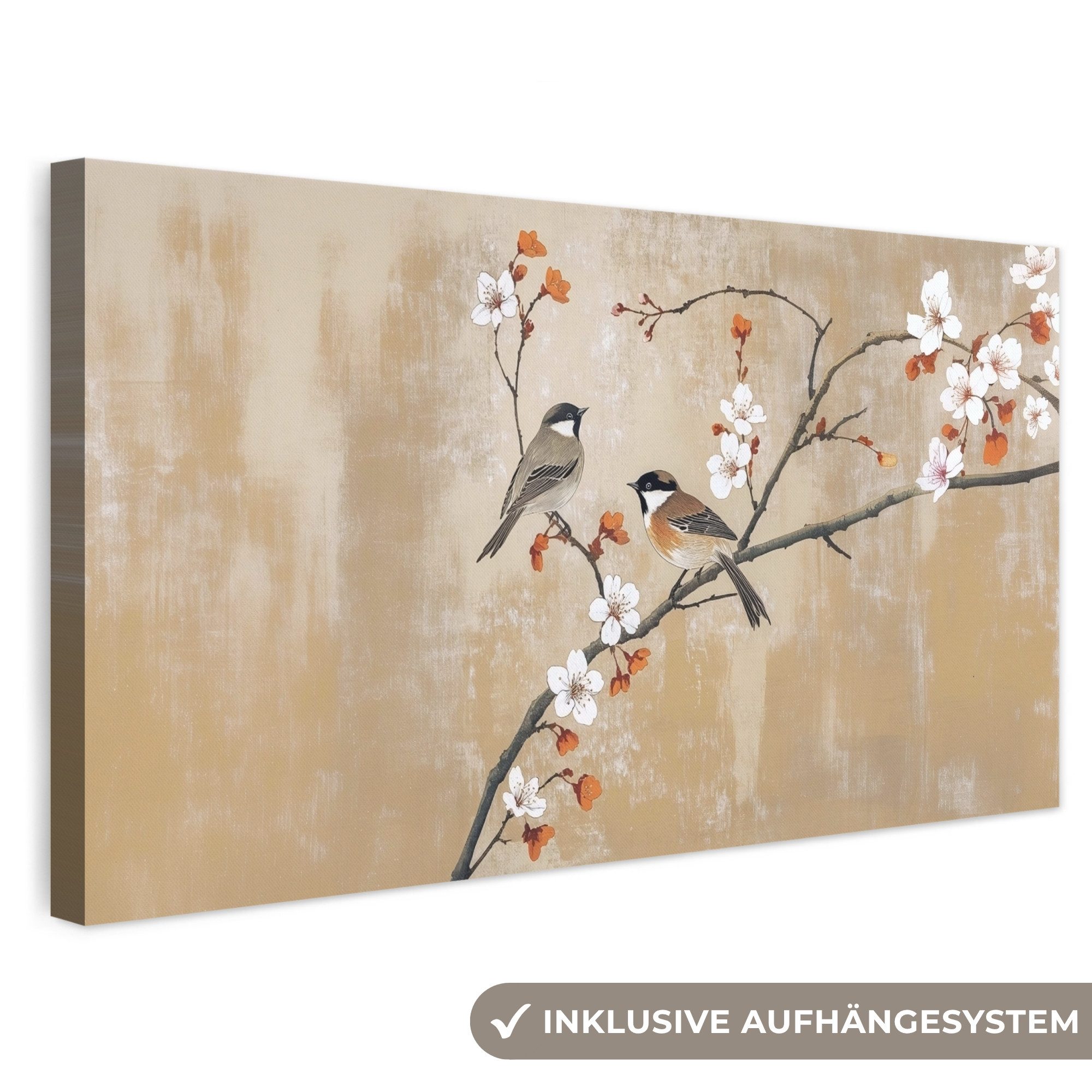 OneMillionCanvasses® Leinwandbild Panorama Vögel - Blütenzweig - Orange, Fotodruck (1 St), Wandbild, Deko Schlafzimmer Wohnzimmer Flur 40x20 cm
