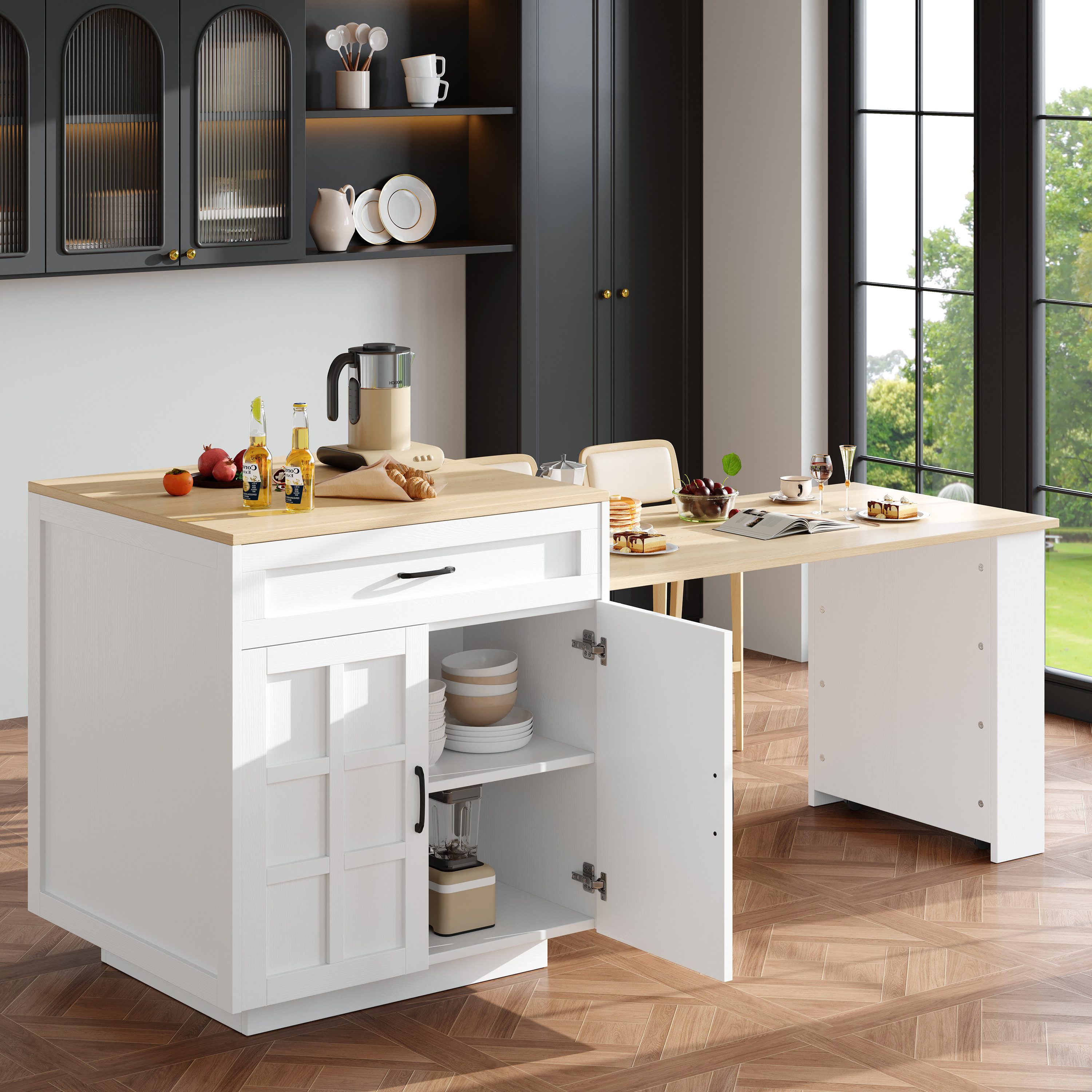 STILVORA Sideboard ausziehbar,Bartisch mit stauraum,Küchentisch mit Schubladen,Sideboard (Ausziehbarer Bartisch mit Stauraum (133-202 cm) – Erweiterbarer Küchentisch mit Schubladen, Gewürzregal & Ablagen)