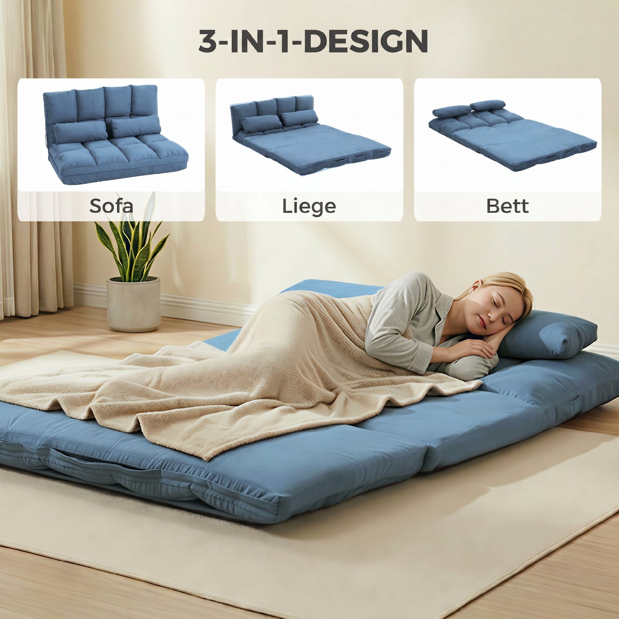 HOMCOM Relaxsessel Bodenstuhl Bodensessel mit Liegefunktion VerstellbarerRückenlehne (Klappbett, 1-St., 2-in-1 Bodensessel), für Schlafzimmer, Wohnzimmer, Blau – Bild 5 von 5