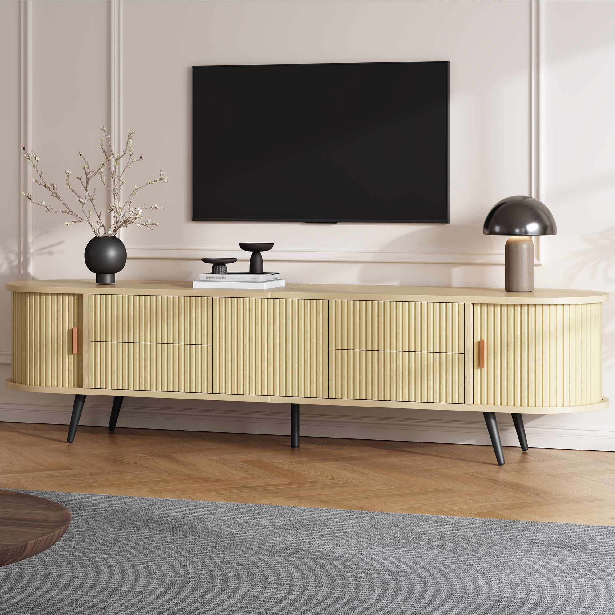Merax Lowboard Ovaler TV-Ständer mit Vertikalen Streifen (1 St), TV-Schrank mit 4 Schubladen, 2 Rollladentüren & Stauraum, 180x40x45cm – Bild 3 von 5