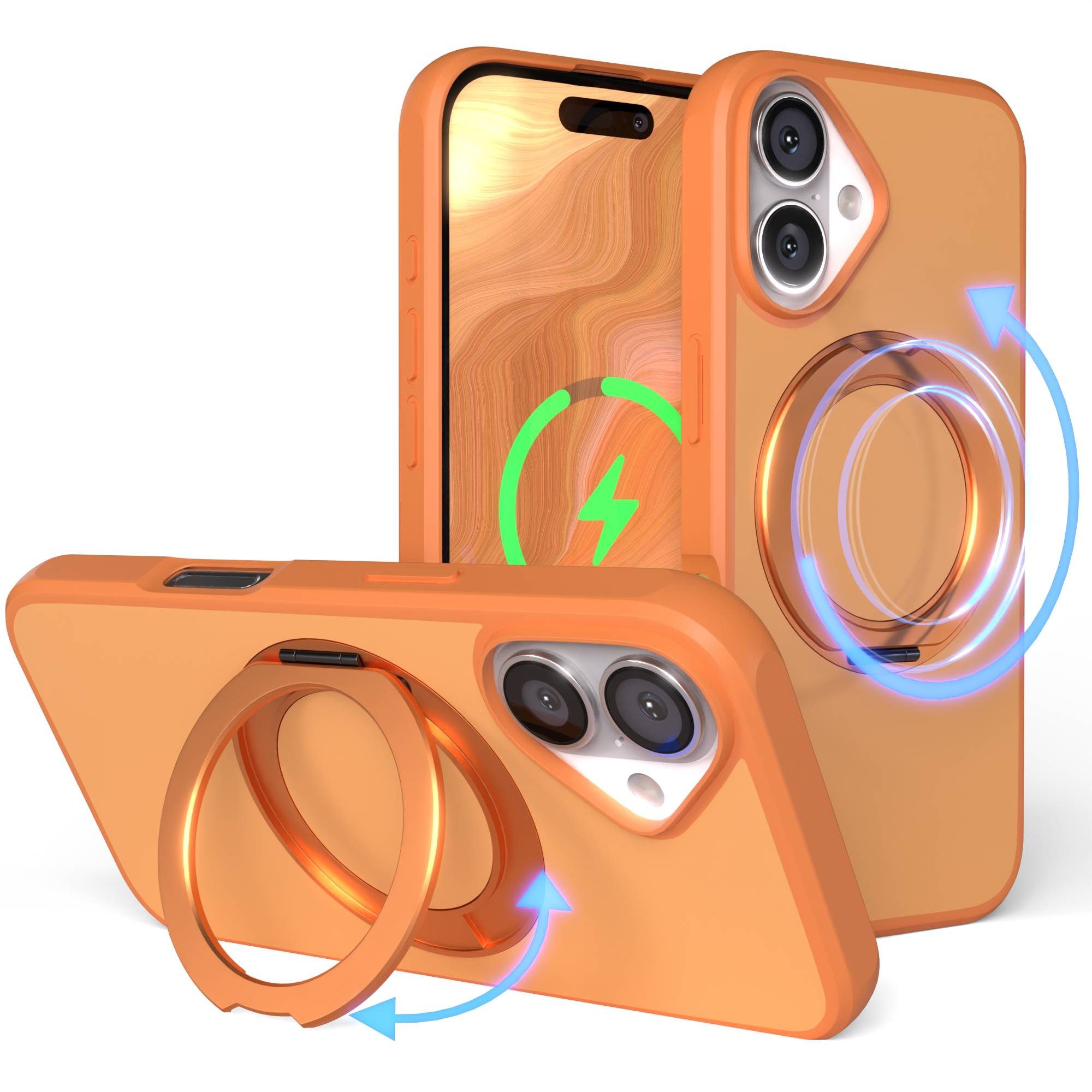EAZY CASE Handyhülle Outdoor Apple iPhone 16 Case MagSafe Rotation Ring 6,1 Zoll, Slimcover Handyhülle Outdoor zum Aufstellen mit Ring modern in Orange